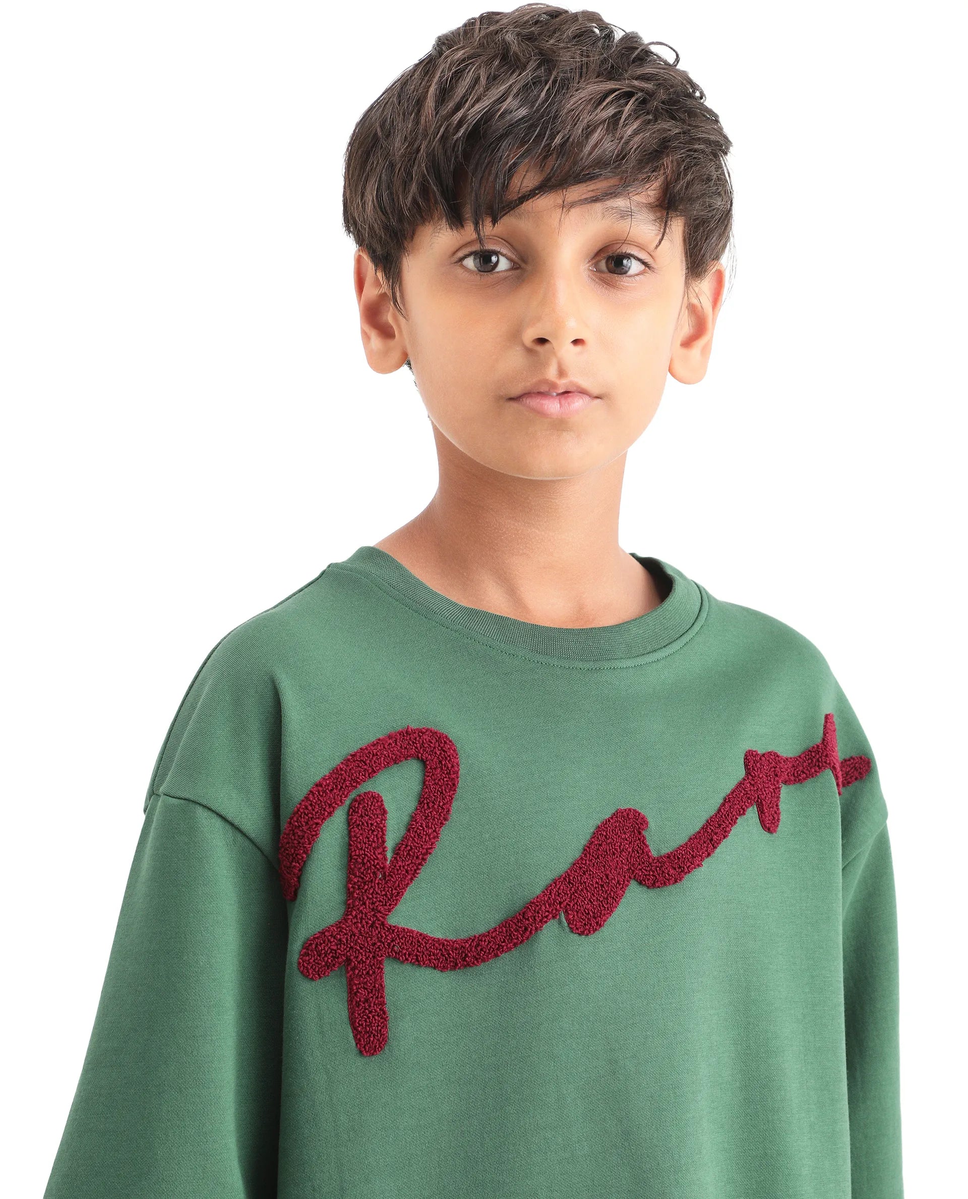 Rare Ones Kids Lerc-K Green Cotton Blend Fabric Pull-On Closure Terry Embroidery Oversized Fit T-Shirt