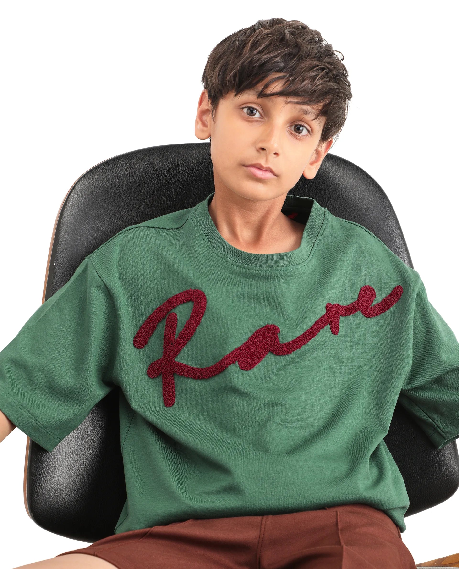 Rare Ones Kids Lerc-K Green Cotton Blend Fabric Pull-On Closure Terry Embroidery Oversized Fit T-Shirt