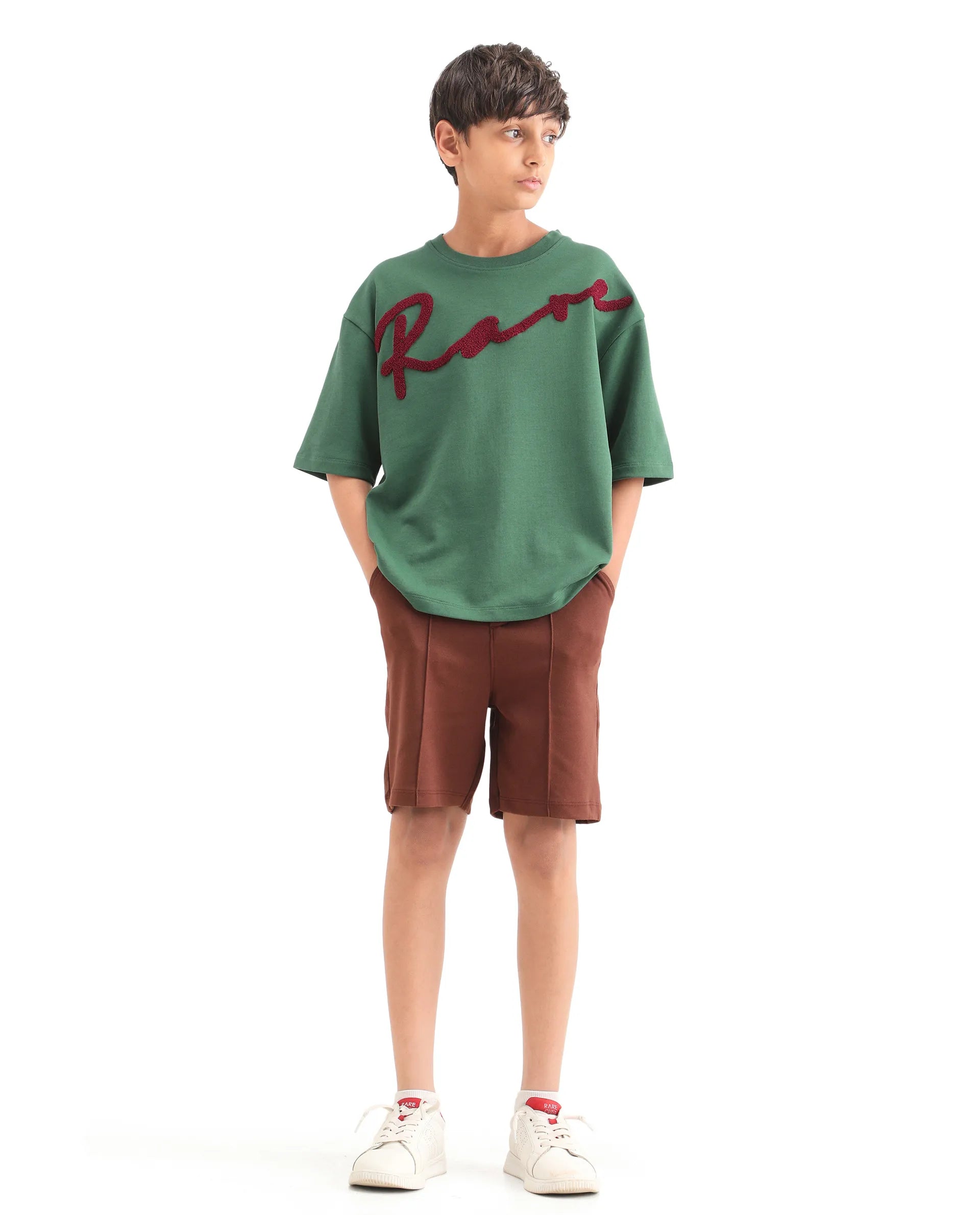 Rare Ones Kids Lerc-K Green Cotton Blend Fabric Pull-On Closure Terry Embroidery Oversized Fit T-Shirt