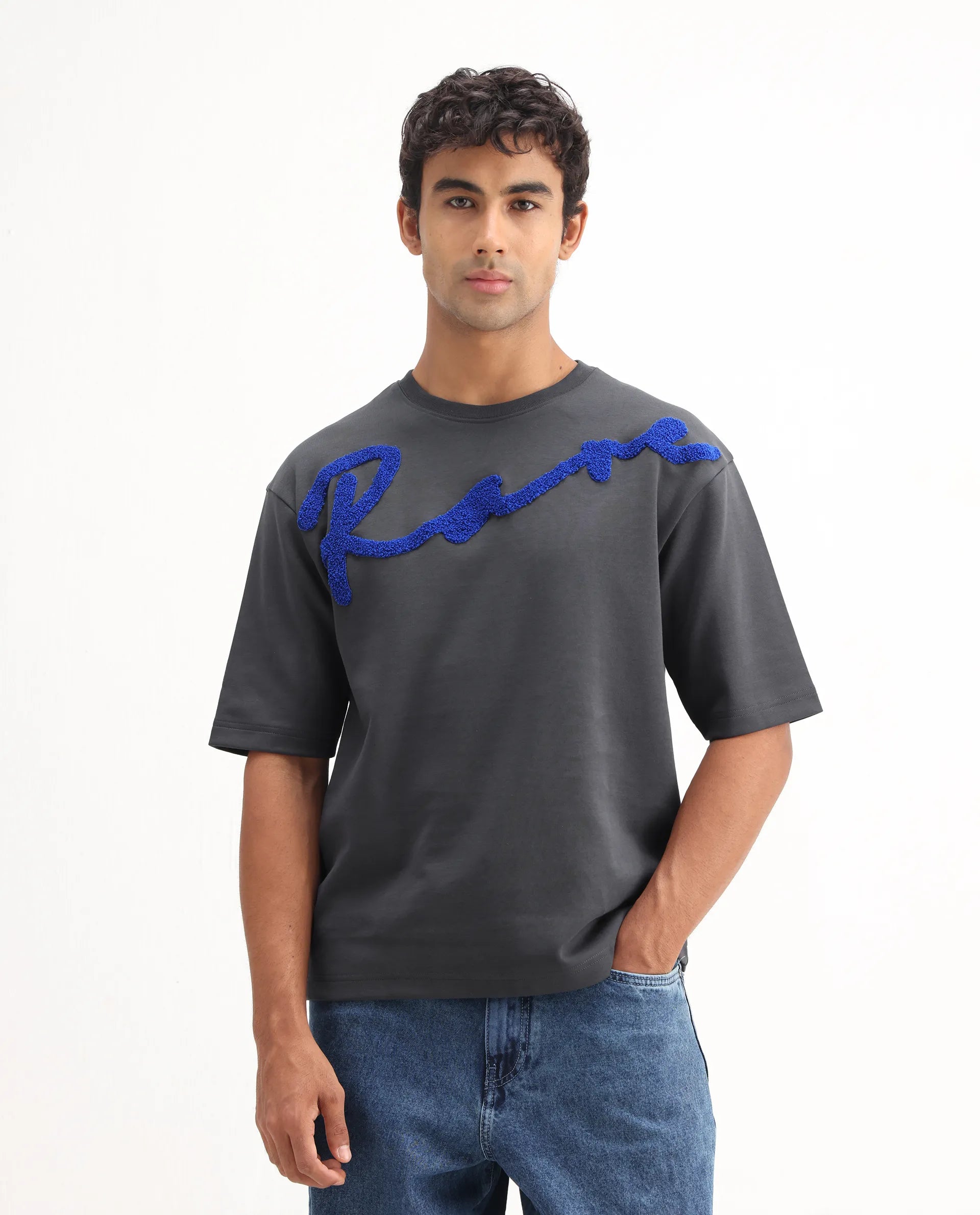 Rare Rabbit Men's Lerc Dark Grey Cotton Blend Graphic Print Oversized Fit Half Sleeve Crew Neck T-Shirt