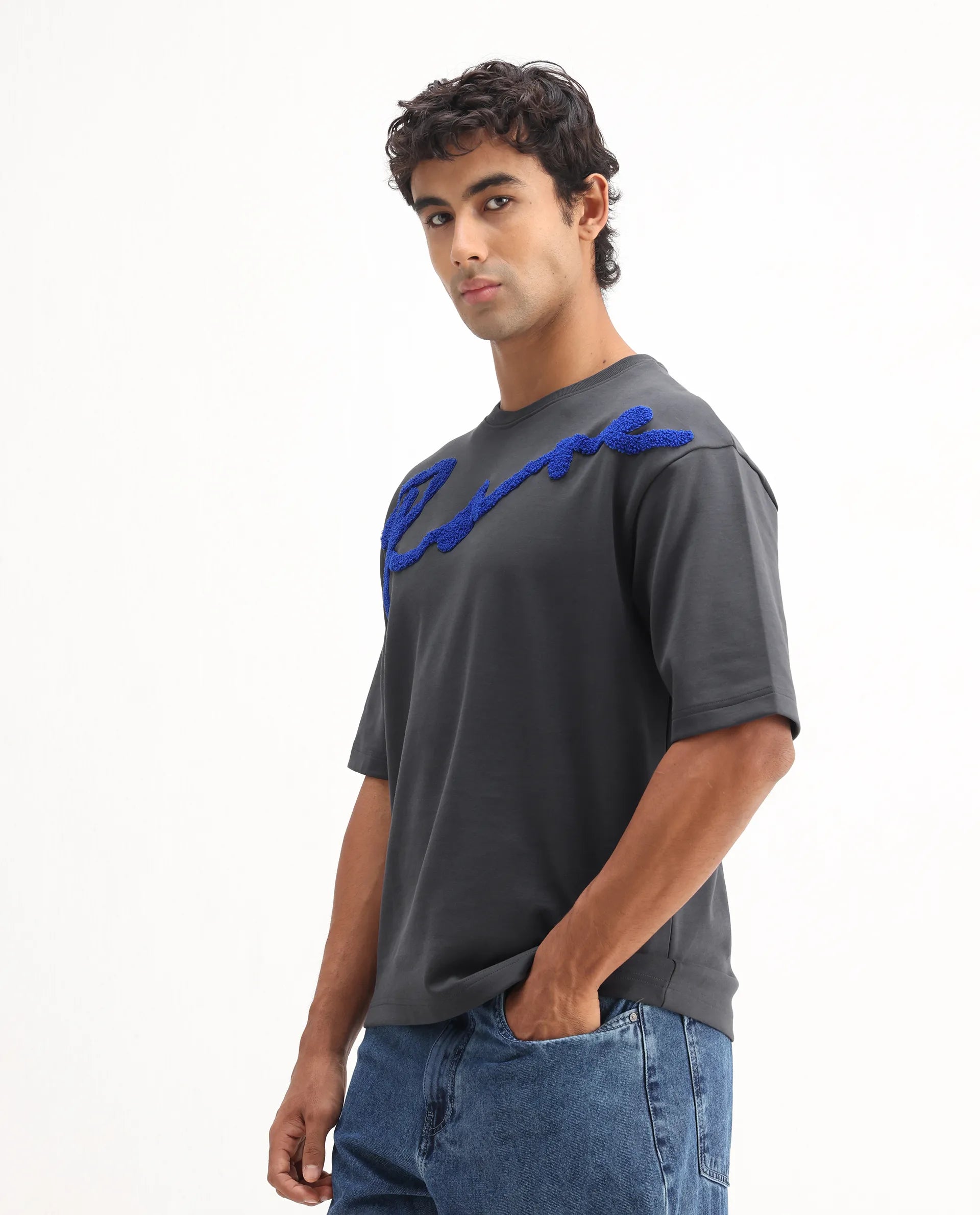 Rare Rabbit Men's Lerc Dark Grey Cotton Blend Graphic Print Oversized Fit Half Sleeve Crew Neck T-Shirt