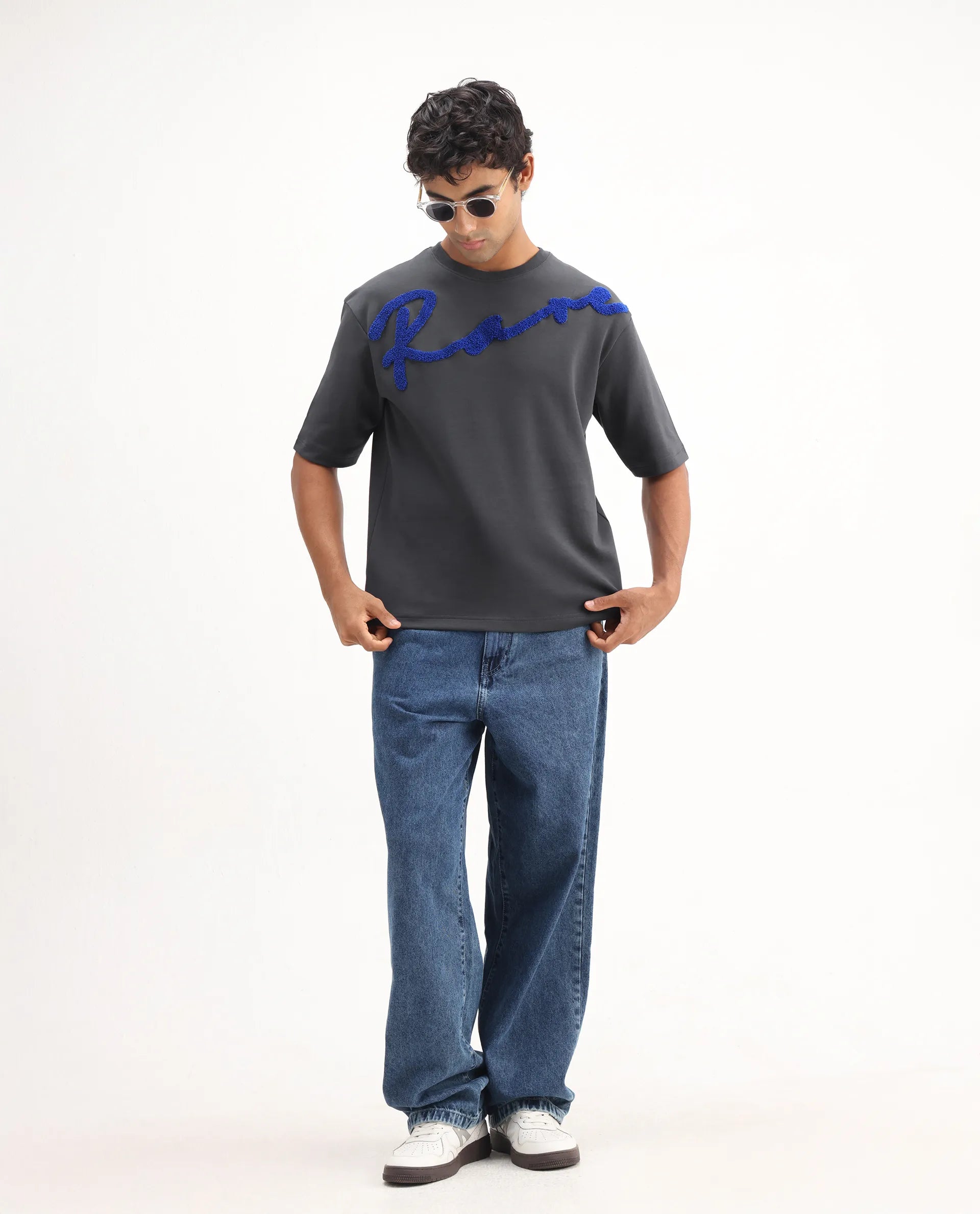 Rare Rabbit Men's Lerc Dark Grey Cotton Blend Graphic Print Oversized Fit Half Sleeve Crew Neck T-Shirt