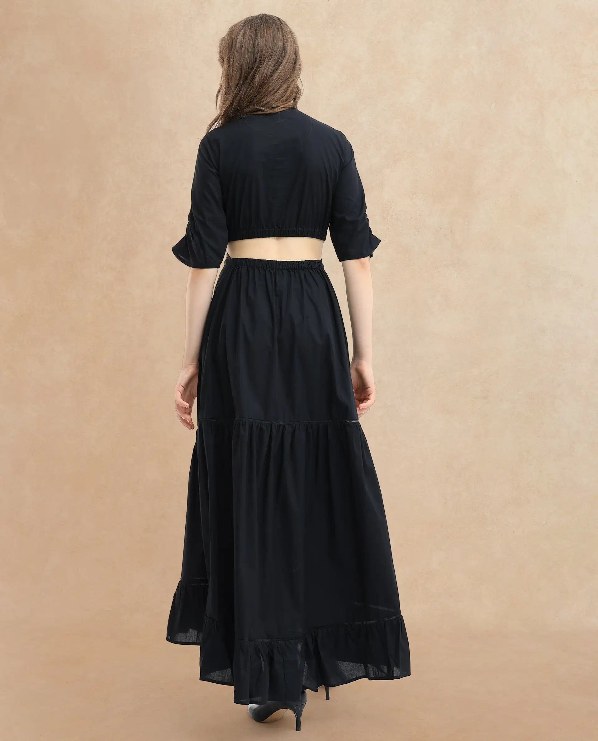 Rareism Women Lesman Black Cotton Fabric Short Sleeves V-Neck Puff Sleeve Fit And Flare Plain Maxi Dress