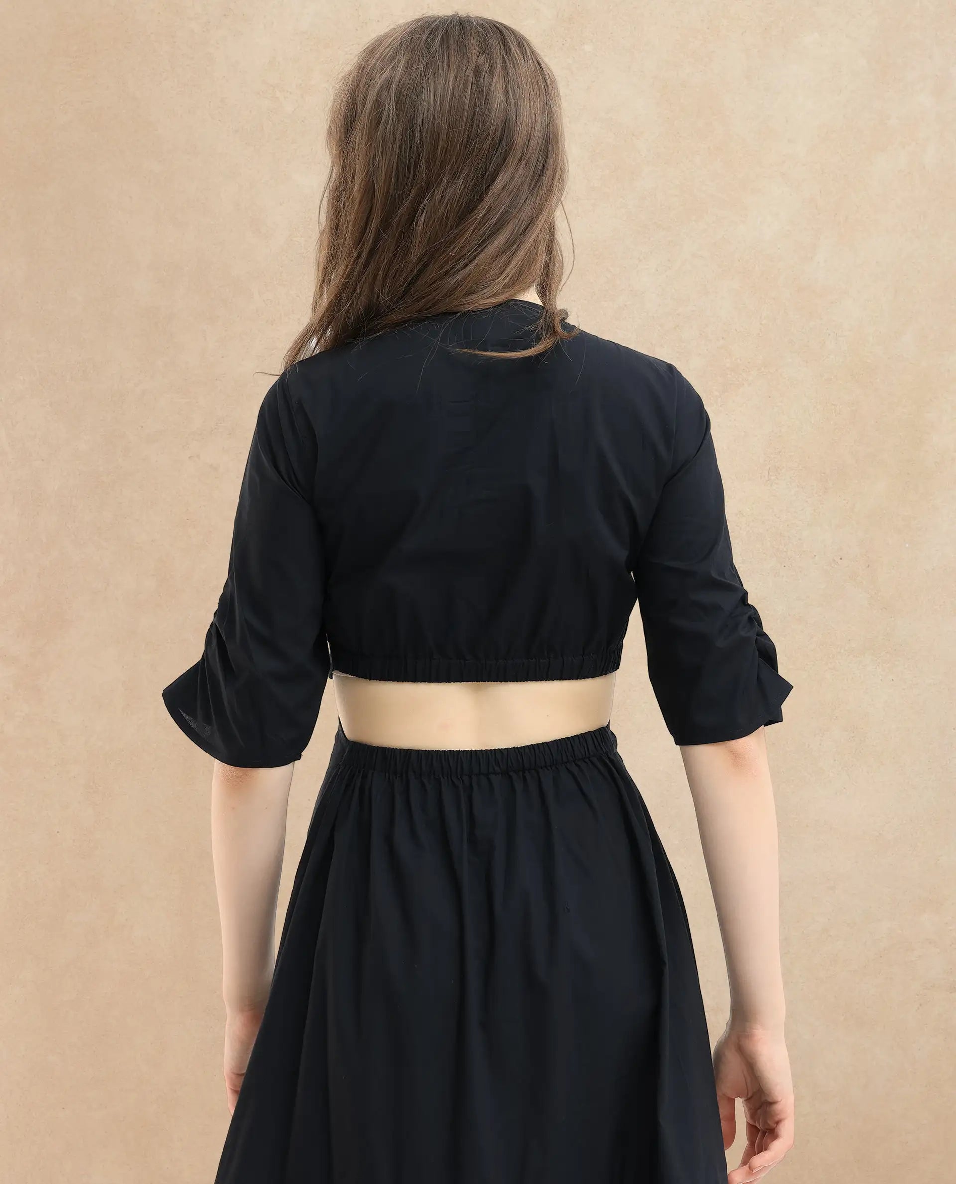 Rareism Women Lesman Black Cotton Fabric Short Sleeves V-Neck Puff Sleeve Fit And Flare Plain Maxi Dress