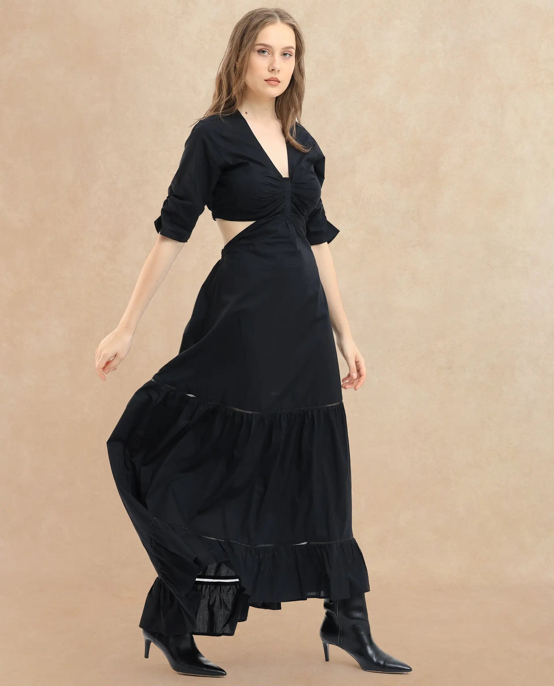 Rareism Women Lesman Black Cotton Fabric Short Sleeves V-Neck Puff Sleeve Fit And Flare Plain Maxi Dress