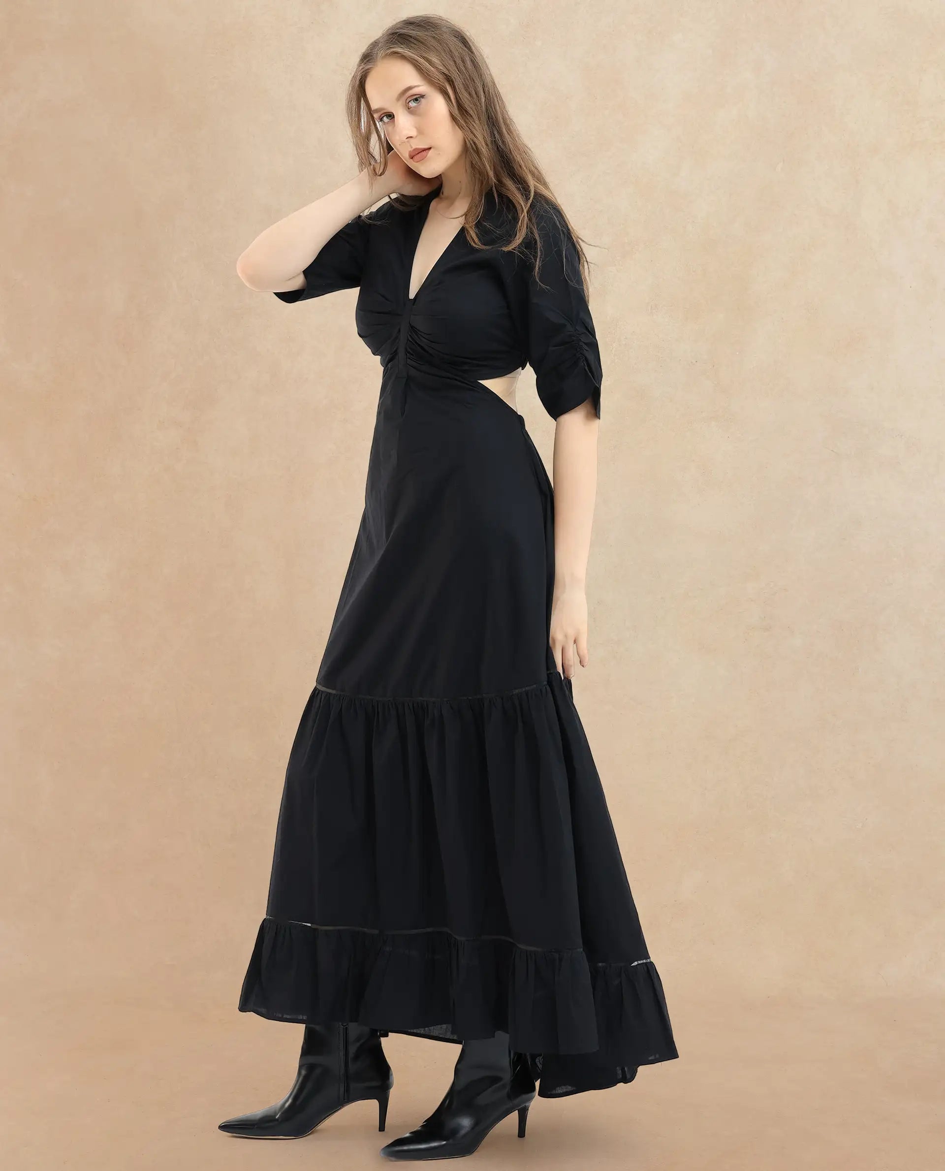 Rareism Women Lesman Black Cotton Fabric Short Sleeves V-Neck Puff Sleeve Fit And Flare Plain Maxi Dress