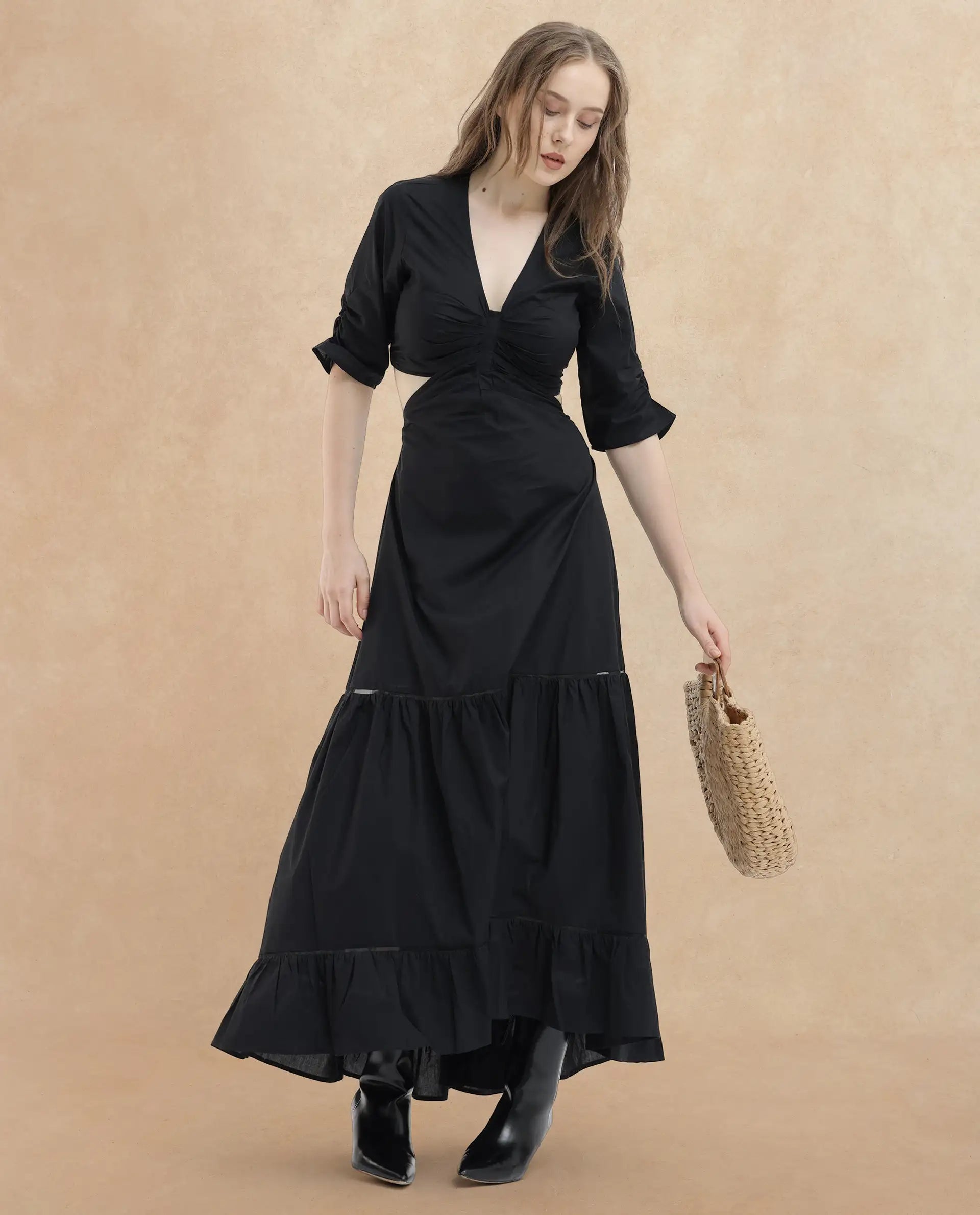 Rareism Women Lesman Black Cotton Fabric Short Sleeves V-Neck Puff Sleeve Fit And Flare Plain Maxi Dress