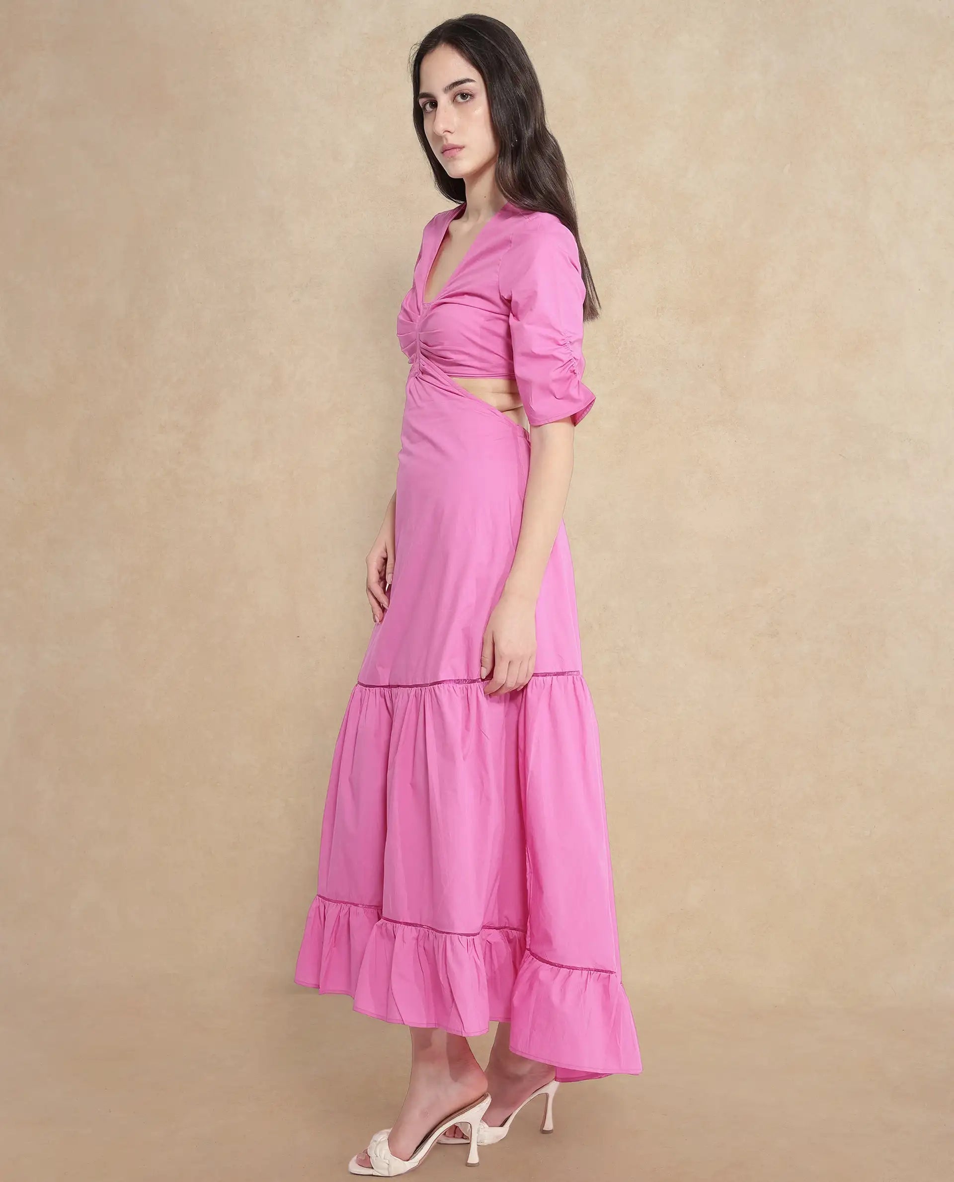 Rareism Women's Lesman Pink Cotton V-Neck Plain Puff Sleeves Maxi Fit And Flare Dress