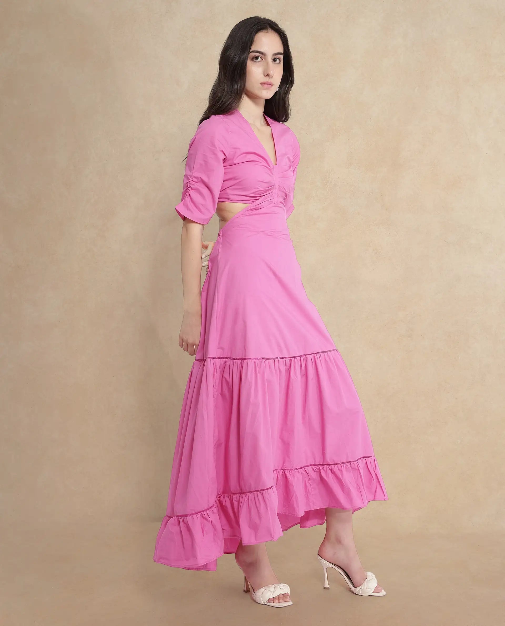 Rareism Women's Lesman Pink Cotton V-Neck Plain Puff Sleeves Maxi Fit And Flare Dress