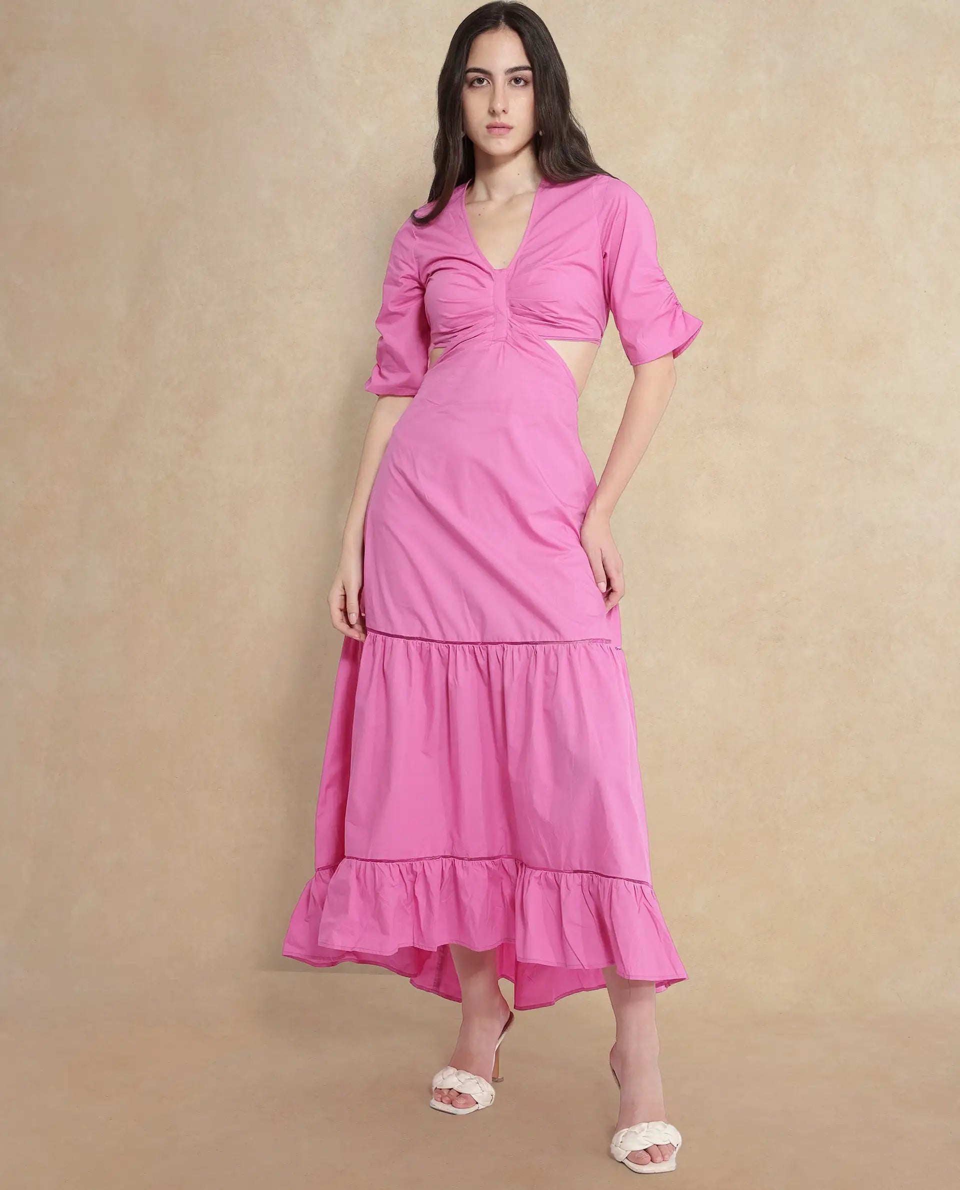 Rareism Women's Lesman Pink Cotton V-Neck Plain Puff Sleeves Maxi Fit And Flare Dress
