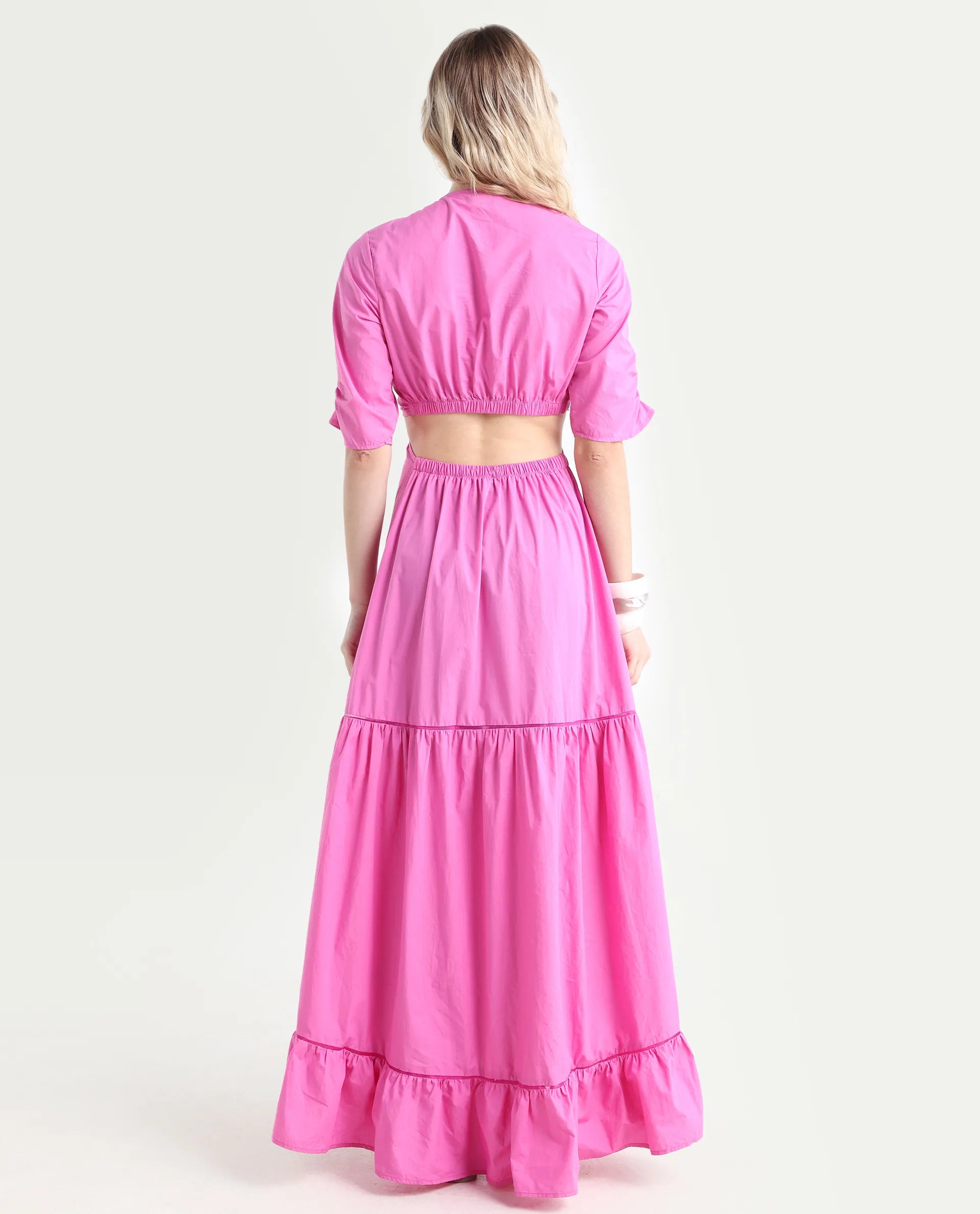 Rareism Women's Lesman Pink Cotton V-Neck Plain Puff Sleeves Maxi Fit And Flare Dress