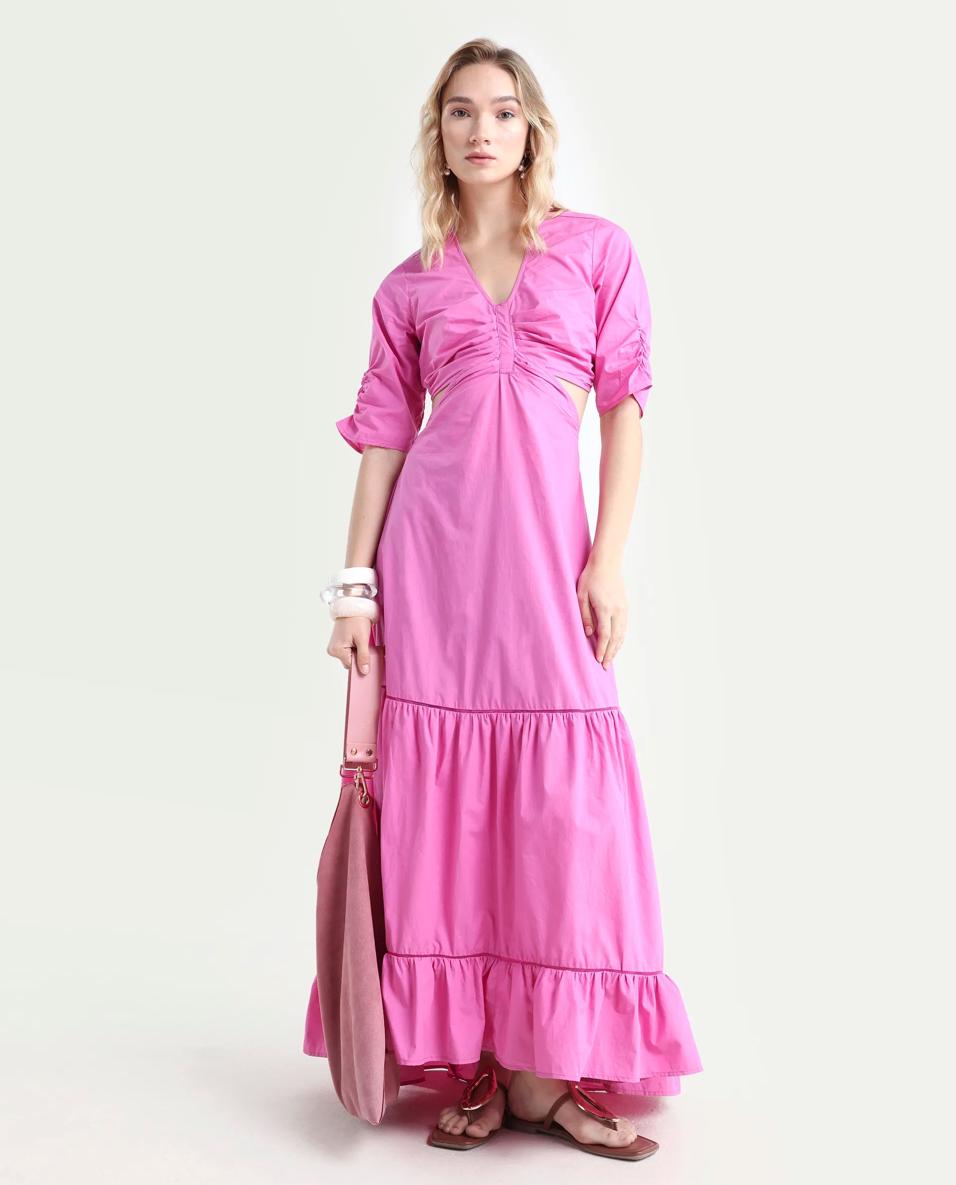 Rareism Women's Lesman Pink Cotton V-Neck Plain Puff Sleeves Maxi Fit And Flare Dress