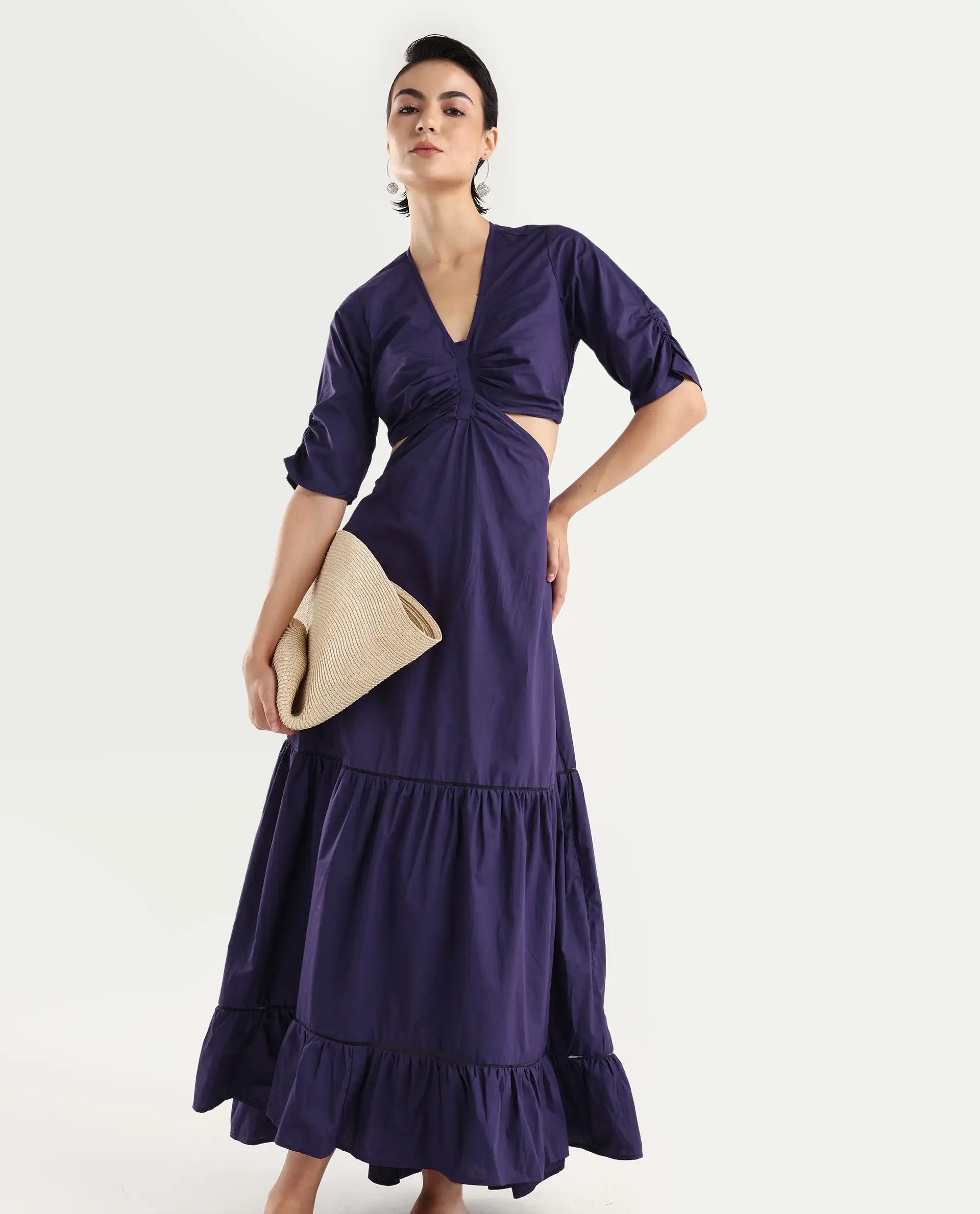 Rareism Women's Lesman Dark Purple Cotton V-Neck Plain Puff Sleeves Maxi Fit And Flare Dress