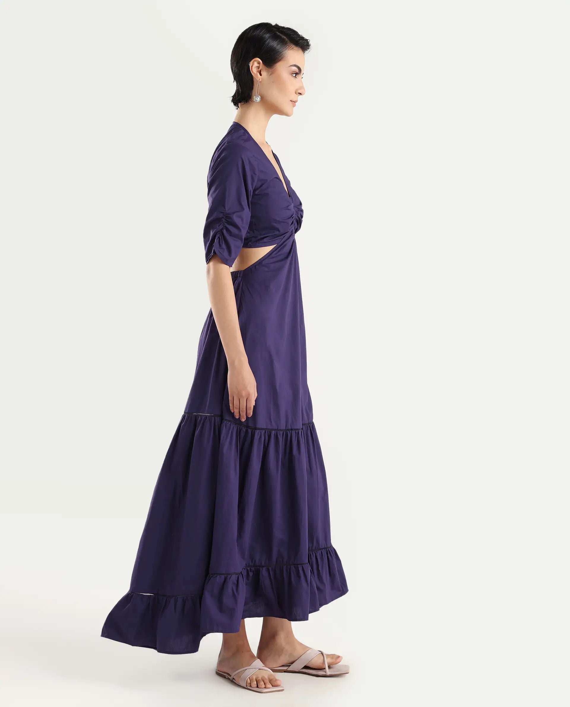 Rareism Women's Lesman Dark Purple Cotton V-Neck Plain Puff Sleeves Maxi Fit And Flare Dress