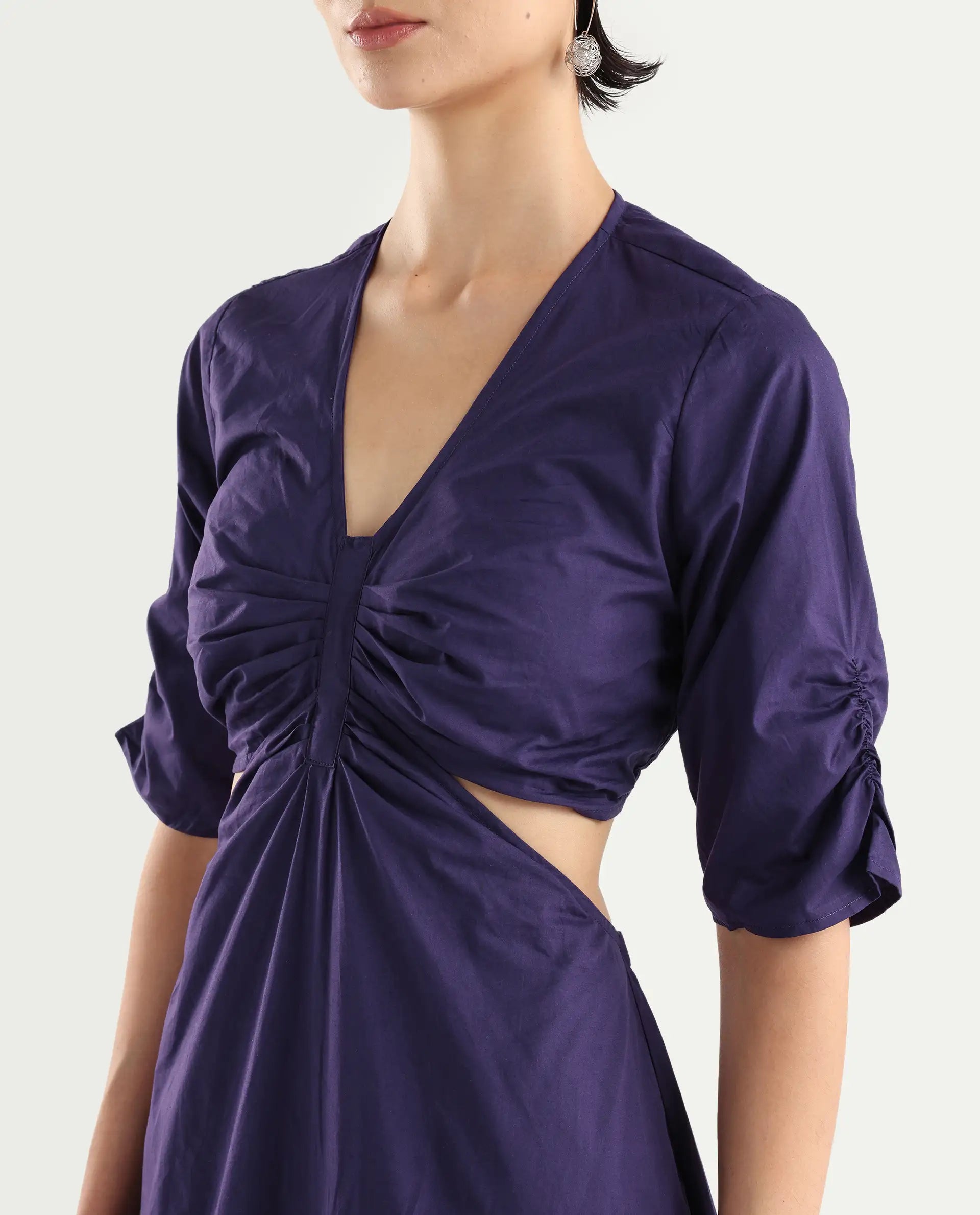 Rareism Women's Lesman Dark Purple Cotton V-Neck Plain Puff Sleeves Maxi Fit And Flare Dress