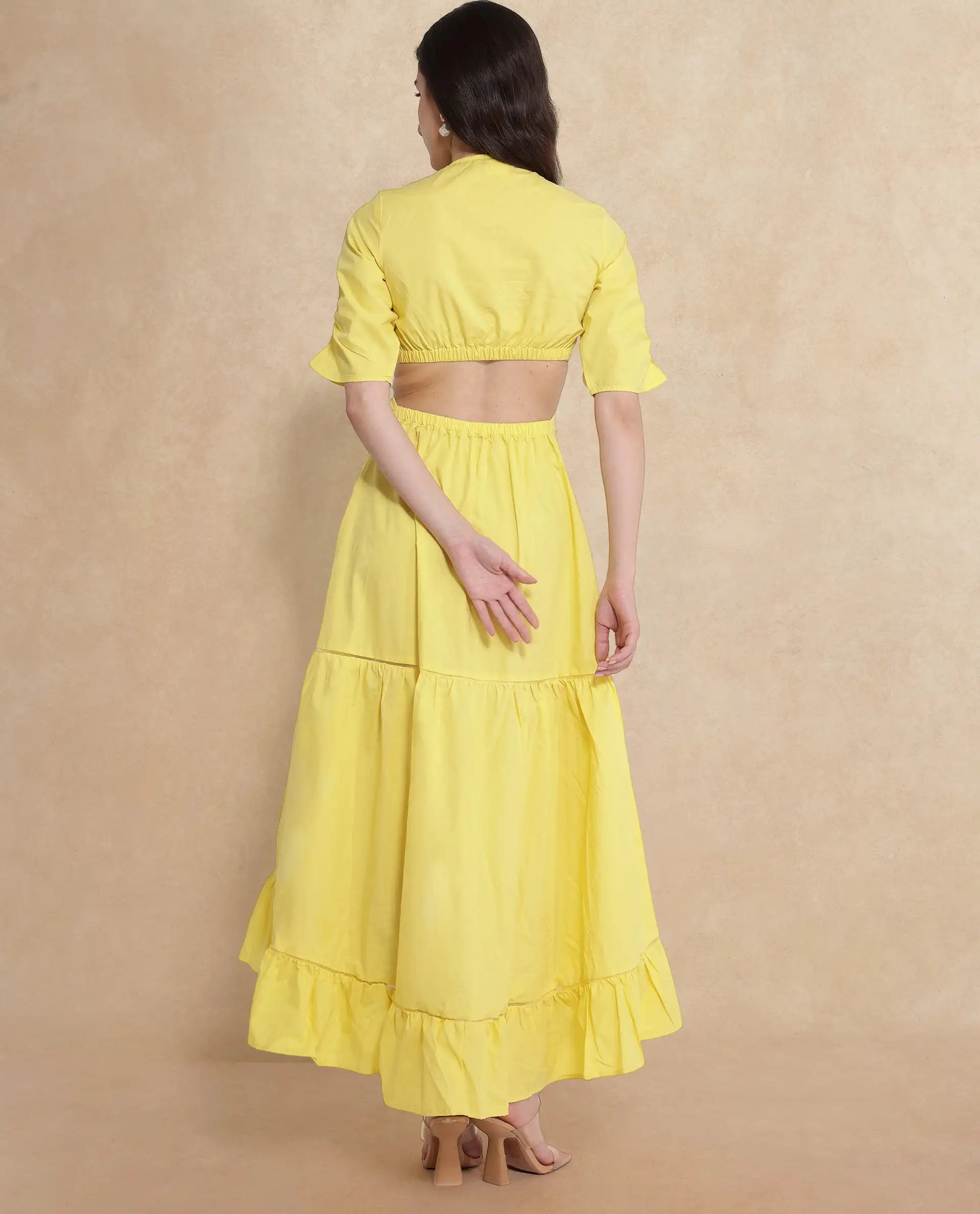 Rareism Women Lesman Yellow Puff Sleeves V-Neck Fit And Flare Maxi Plain Dress