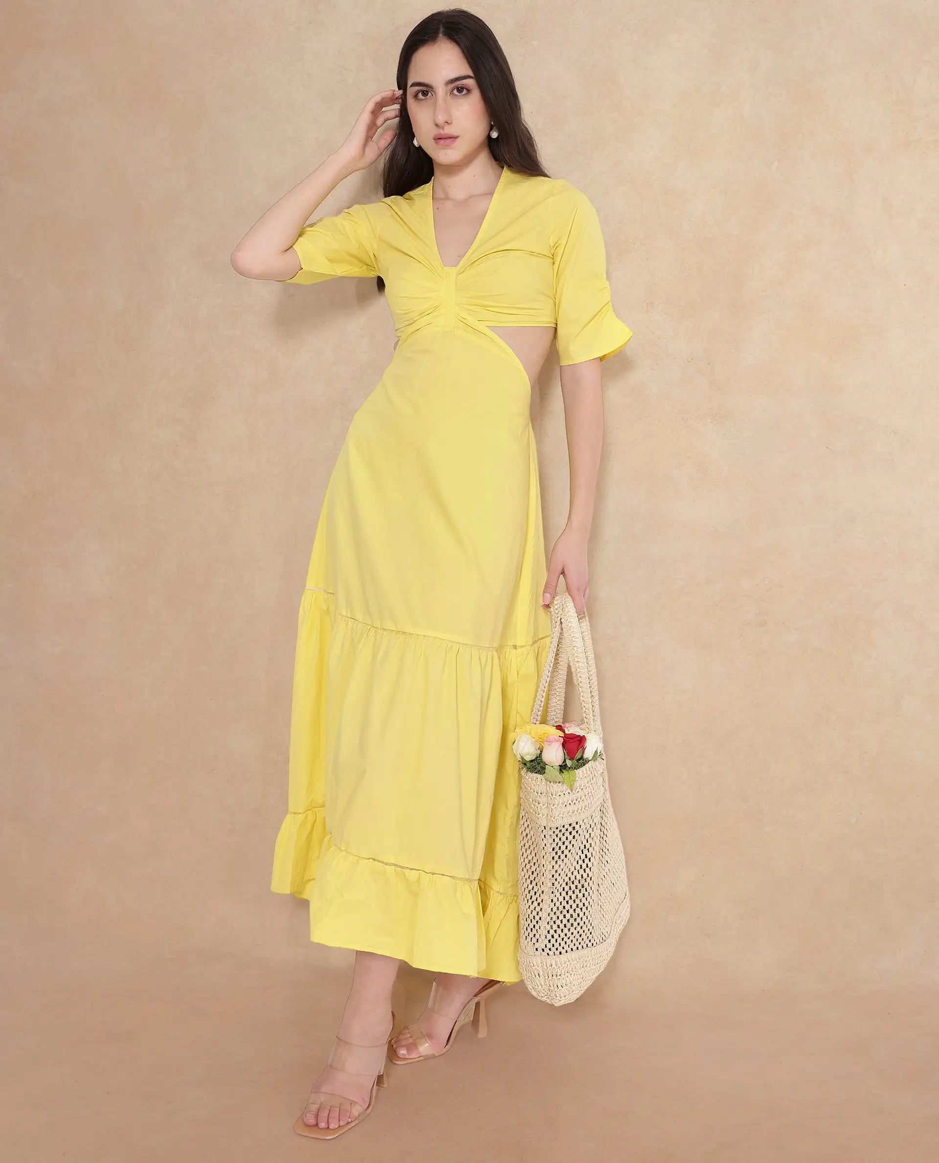 Rareism Women Lesman Yellow Puff Sleeves V-Neck Fit And Flare Maxi Plain Dress