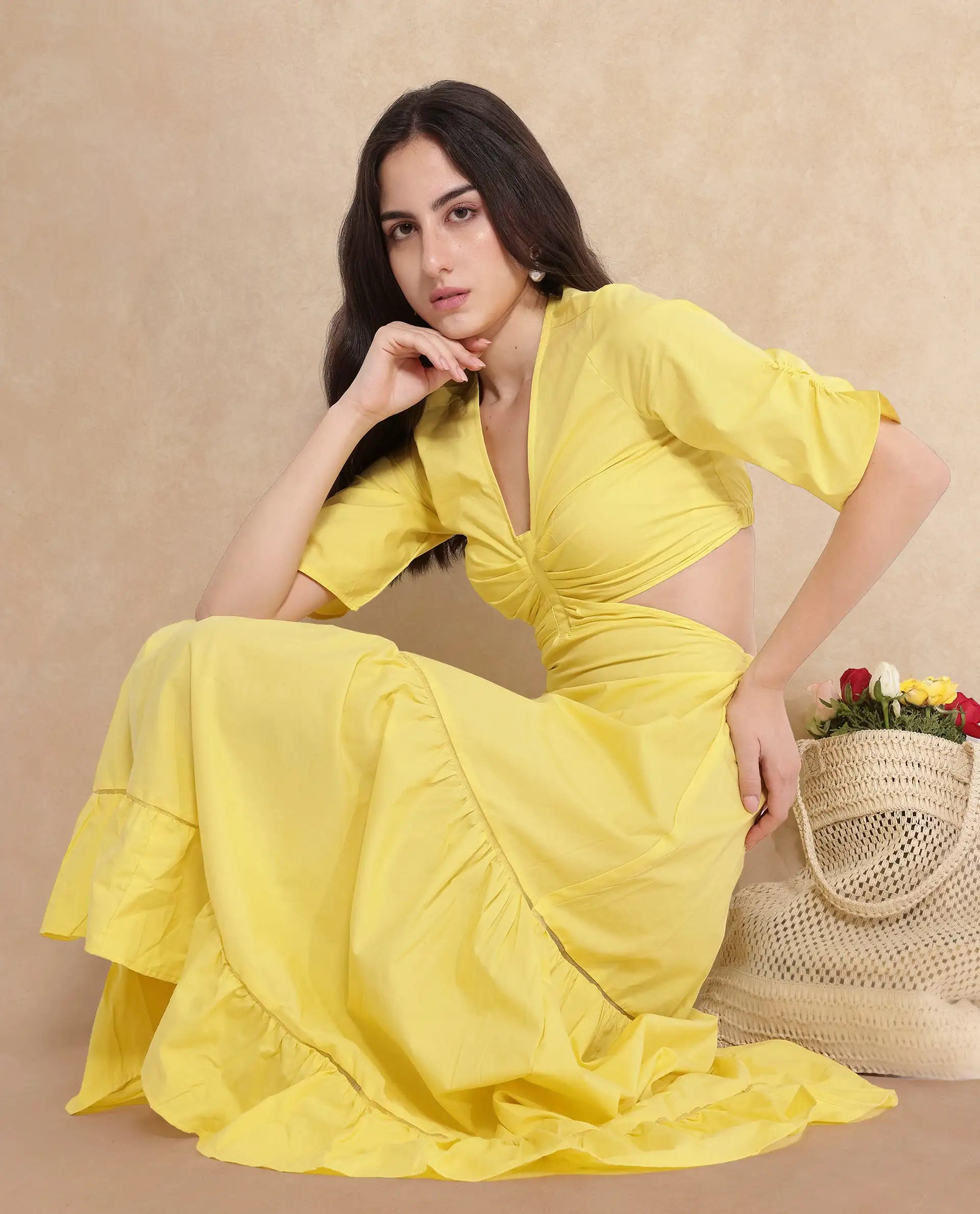 Rareism Women Lesman Yellow Puff Sleeves V-Neck Fit And Flare Maxi Plain Dress