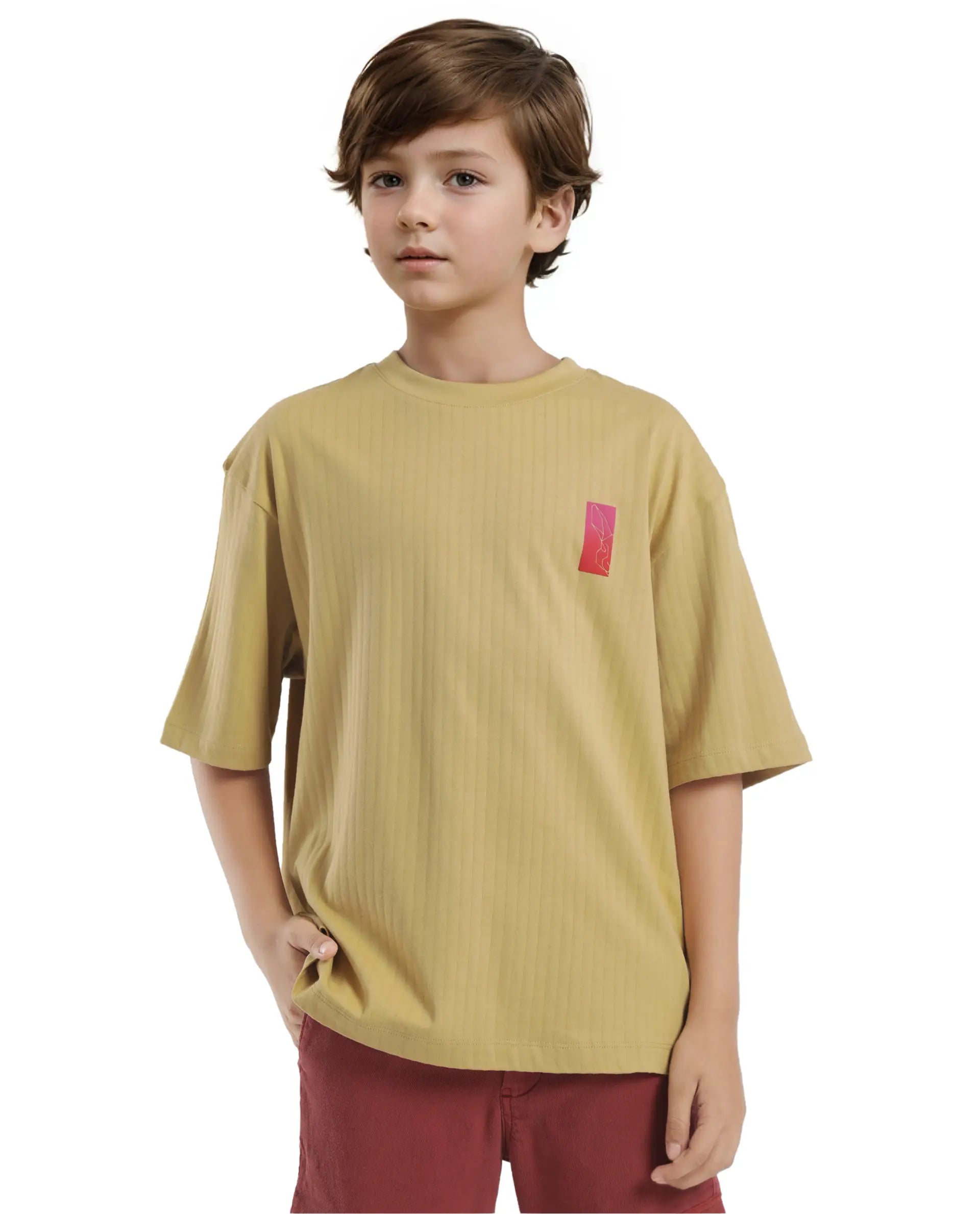 Rare Ones Kids Lest Mustard Cotton Half Sleeves Ribbed Crew Neck Graphic Back Print Oversized Fit T-Shirt