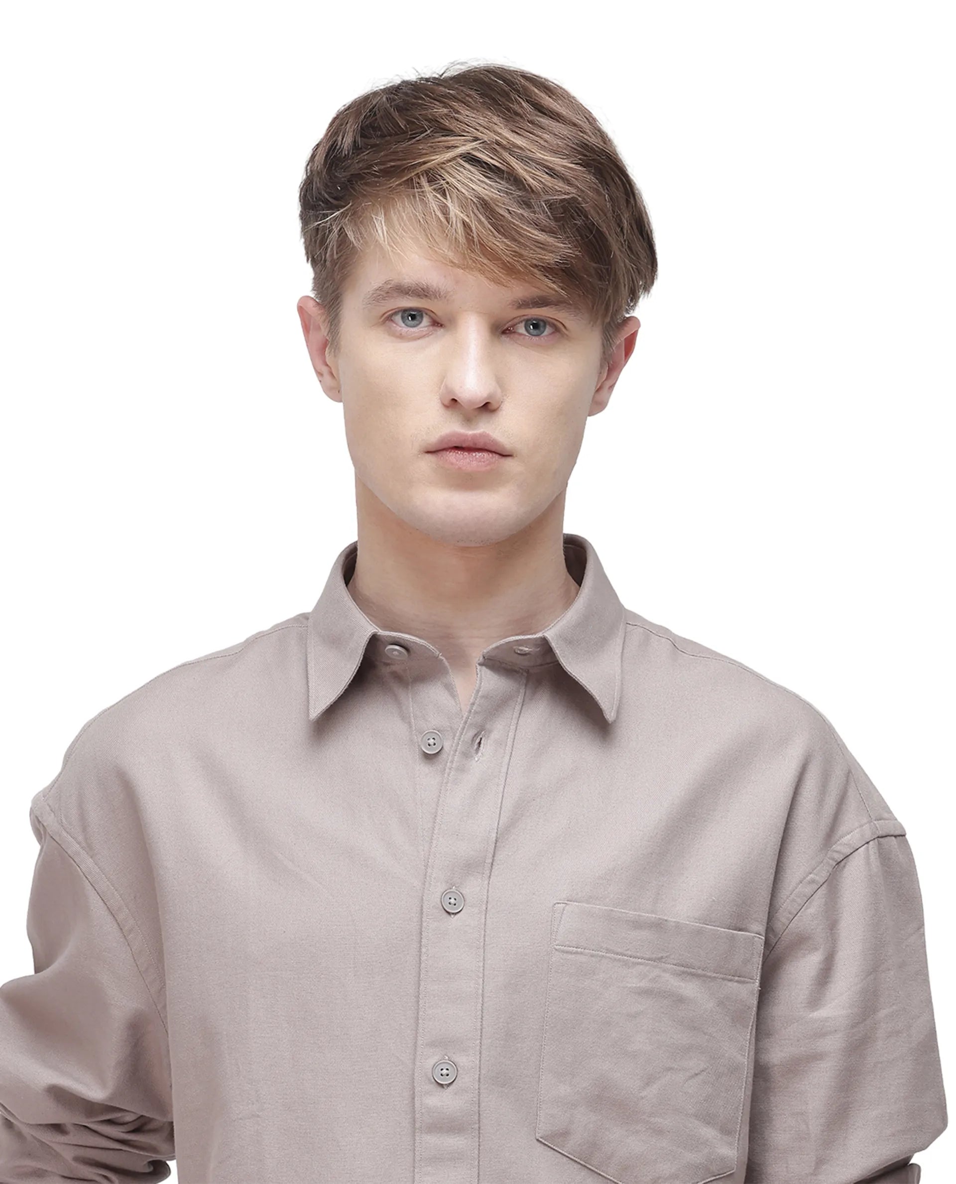 Rare Rabbit Men's Let Dark Beige Cotton Plain Boxy Fit Full Sleeve Collared Shirt