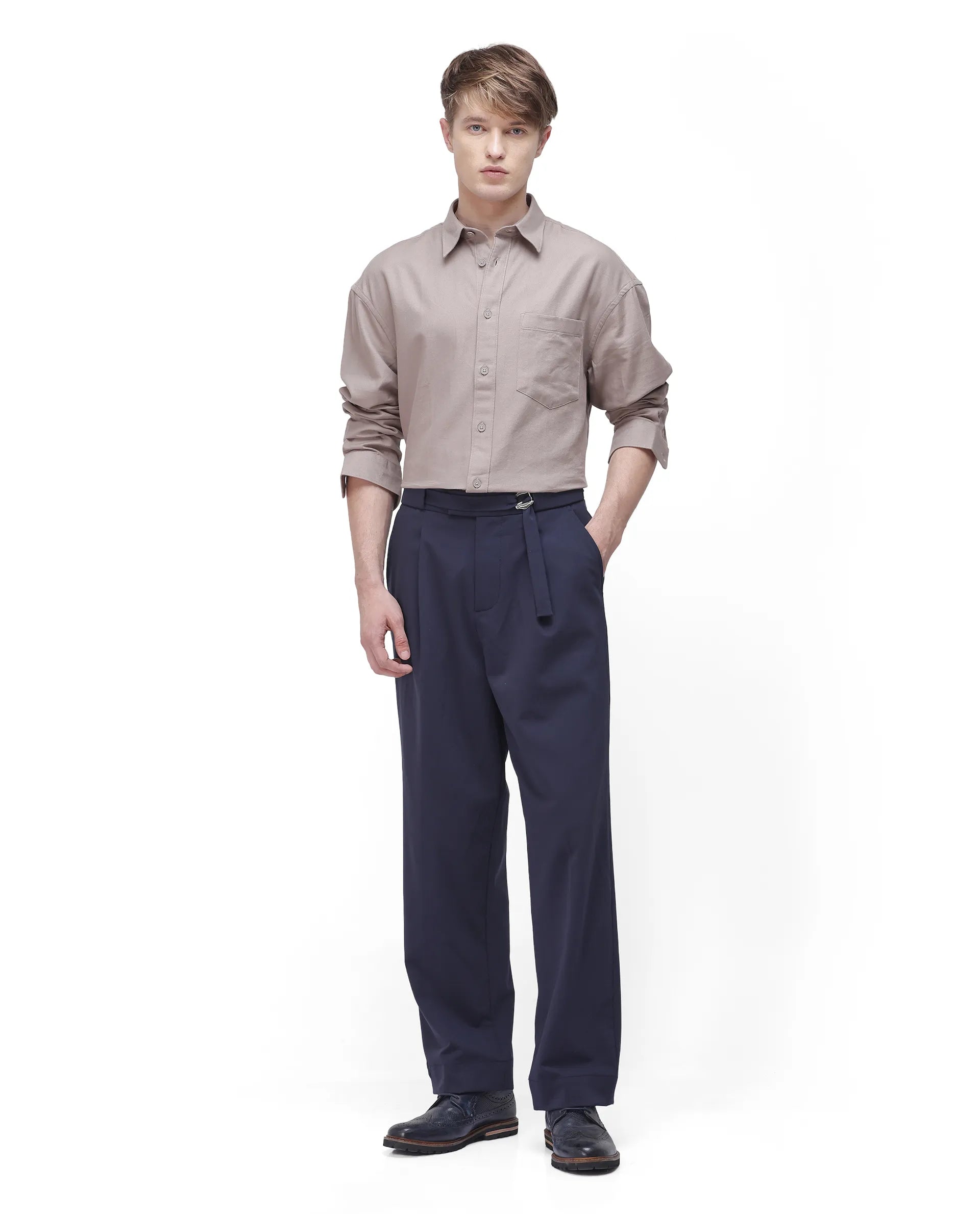 Rare Rabbit Men's Let Dark Beige Cotton Plain Boxy Fit Full Sleeve Collared Shirt