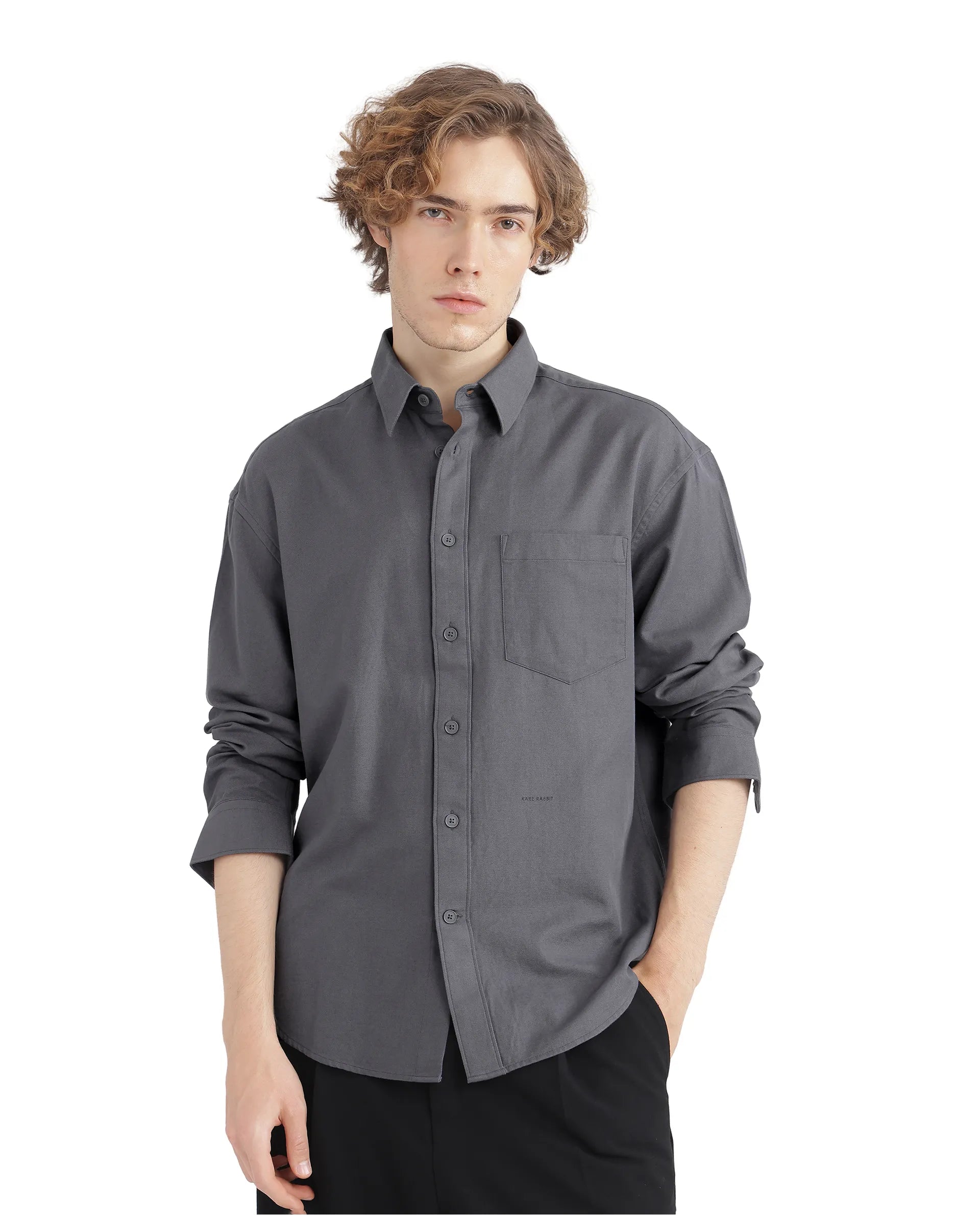 Rare Rabbit Men Let Dark Grey Cotton Fabric Full Sleeve Regular Collared Button Closure Boxy Fit Plain Shirt