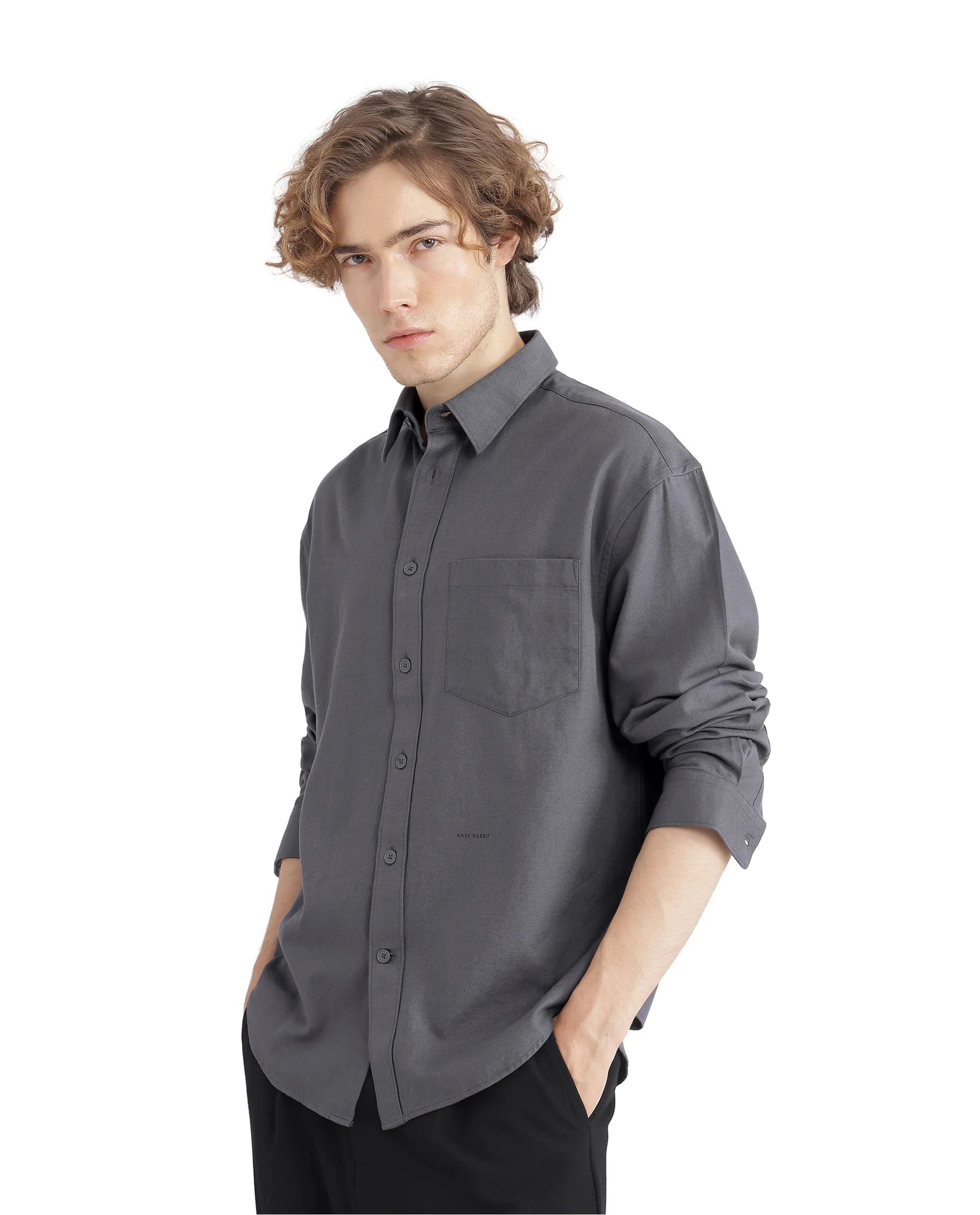 Rare Rabbit Men Let Dark Grey Cotton Fabric Full Sleeve Regular Collared Button Closure Boxy Fit Plain Shirt