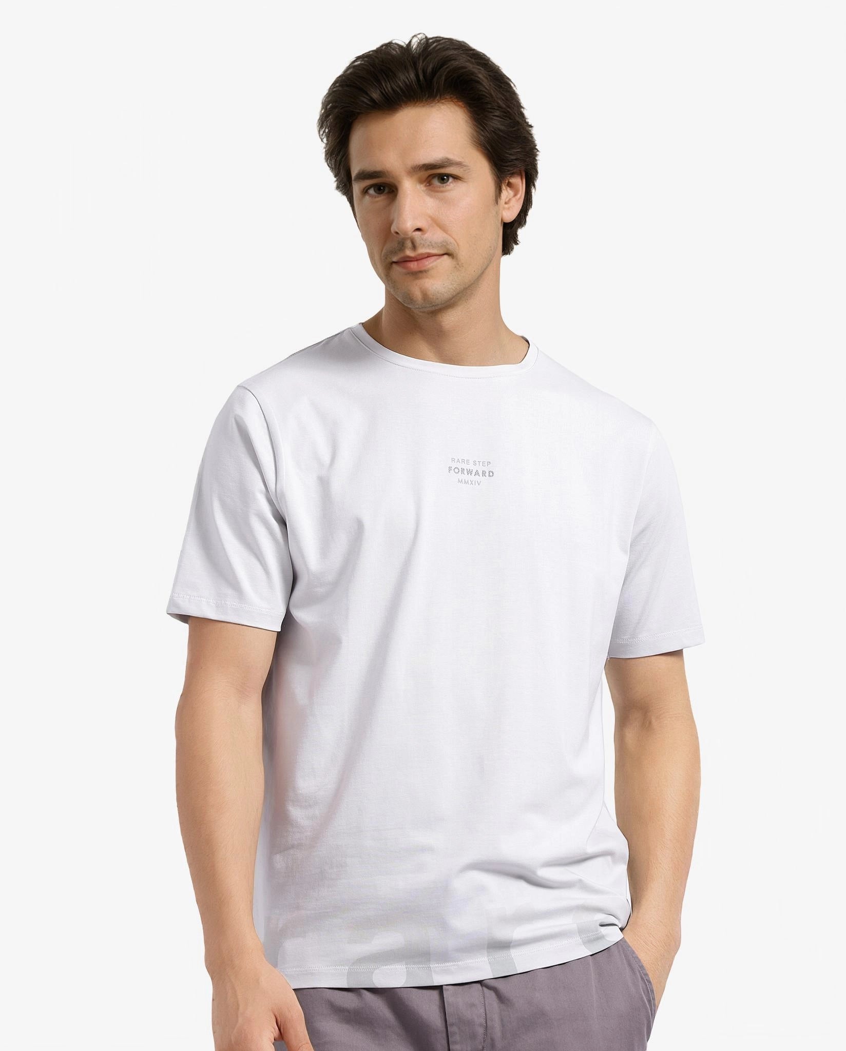 Rare Rabbit Men Let Dark Grey Cotton Lycra Fabric Short Sleeve Crew Neck Regular Fit Typography Print T-Shirt