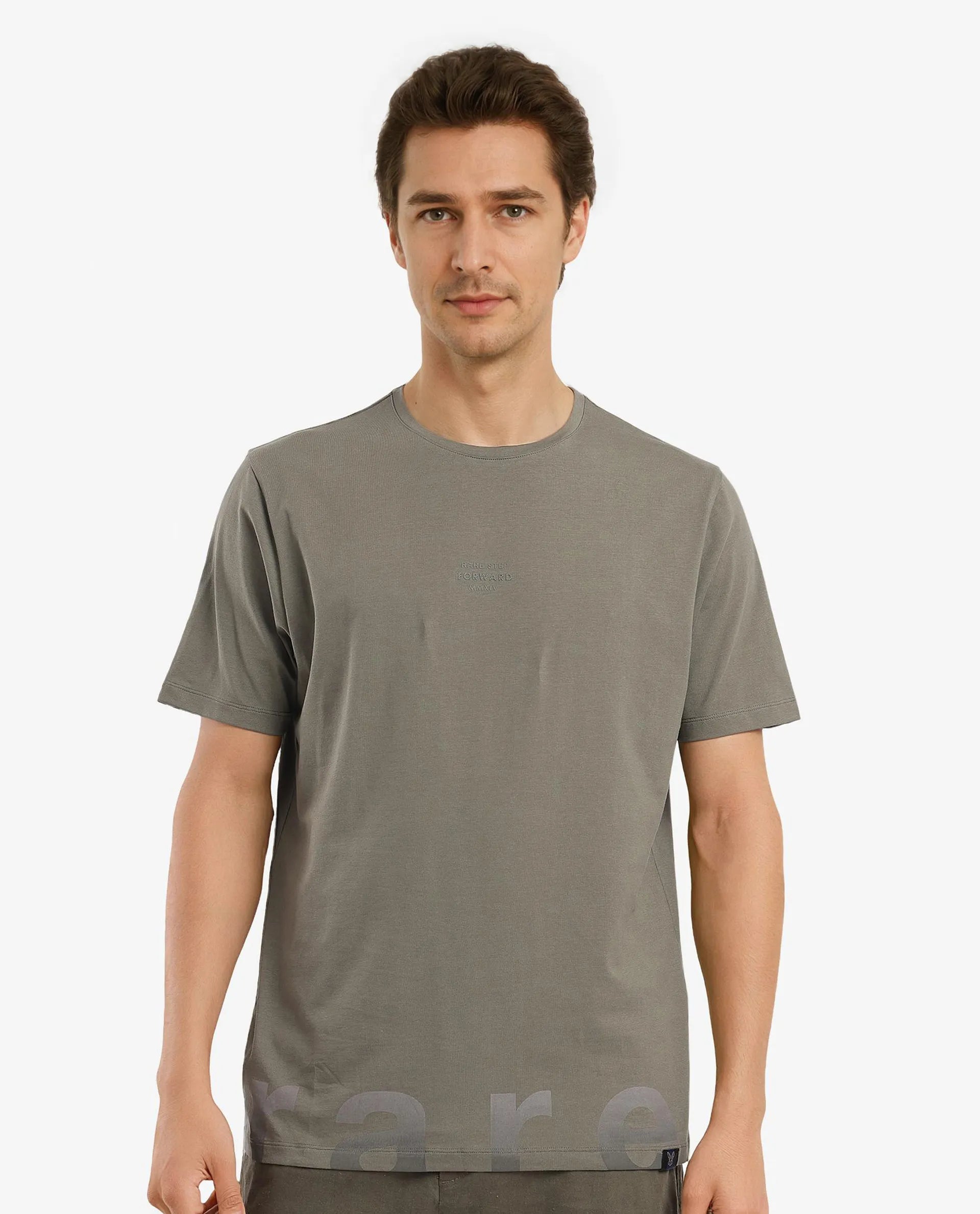 Rare Rabbit Men Let Dusky Green Cotton Lycra Fabric Short Sleeve Crew Neck Regular Fit Typography Print T-Shirt