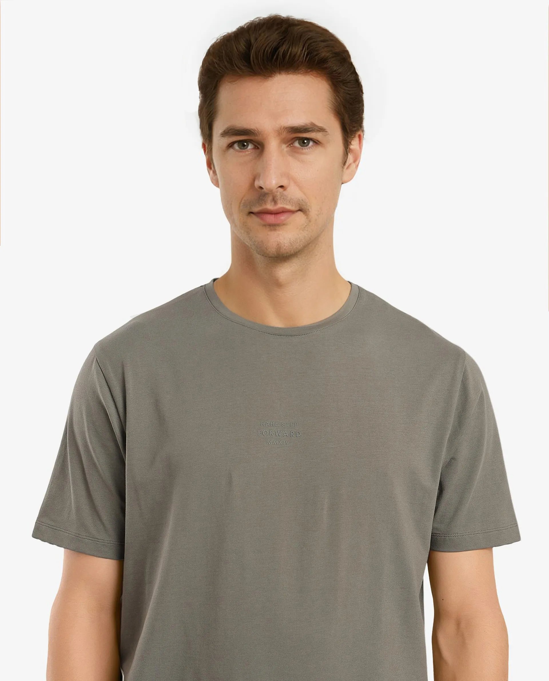 Rare Rabbit Men Let Dusky Green Cotton Lycra Fabric Short Sleeve Crew Neck Regular Fit Typography Print T-Shirt