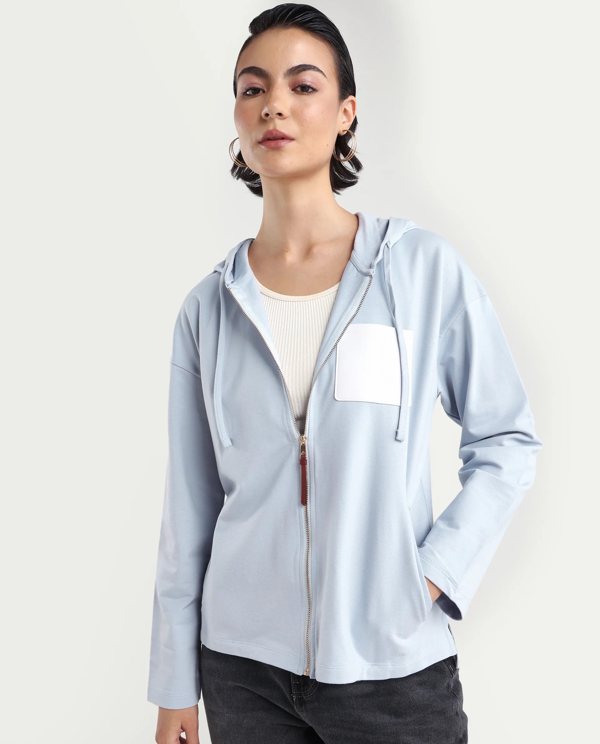 Rareism Women's Leth Light Blue Cotton Blend Hooded Plain Relaxed Fit Sweatshirt