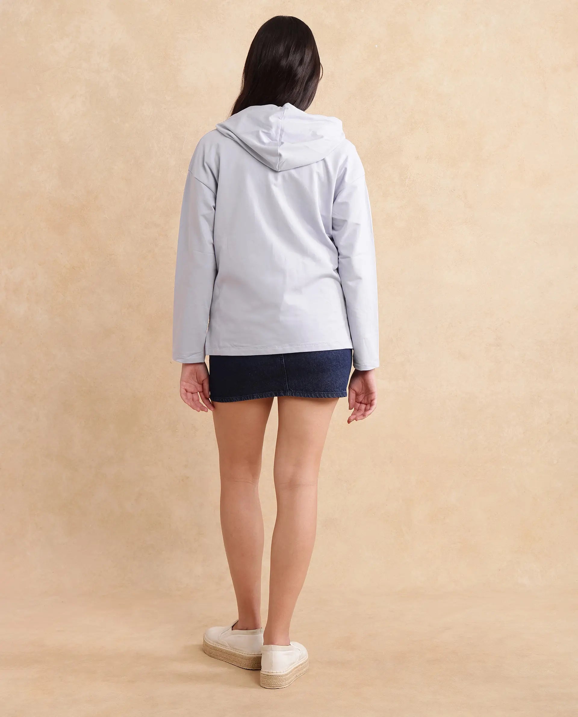 Rareism Women Leth Light Blue Cotton Blend Fabric Full Sleeve Hooded Zipper Closure Relaxed Fit Plain Sweatshirt