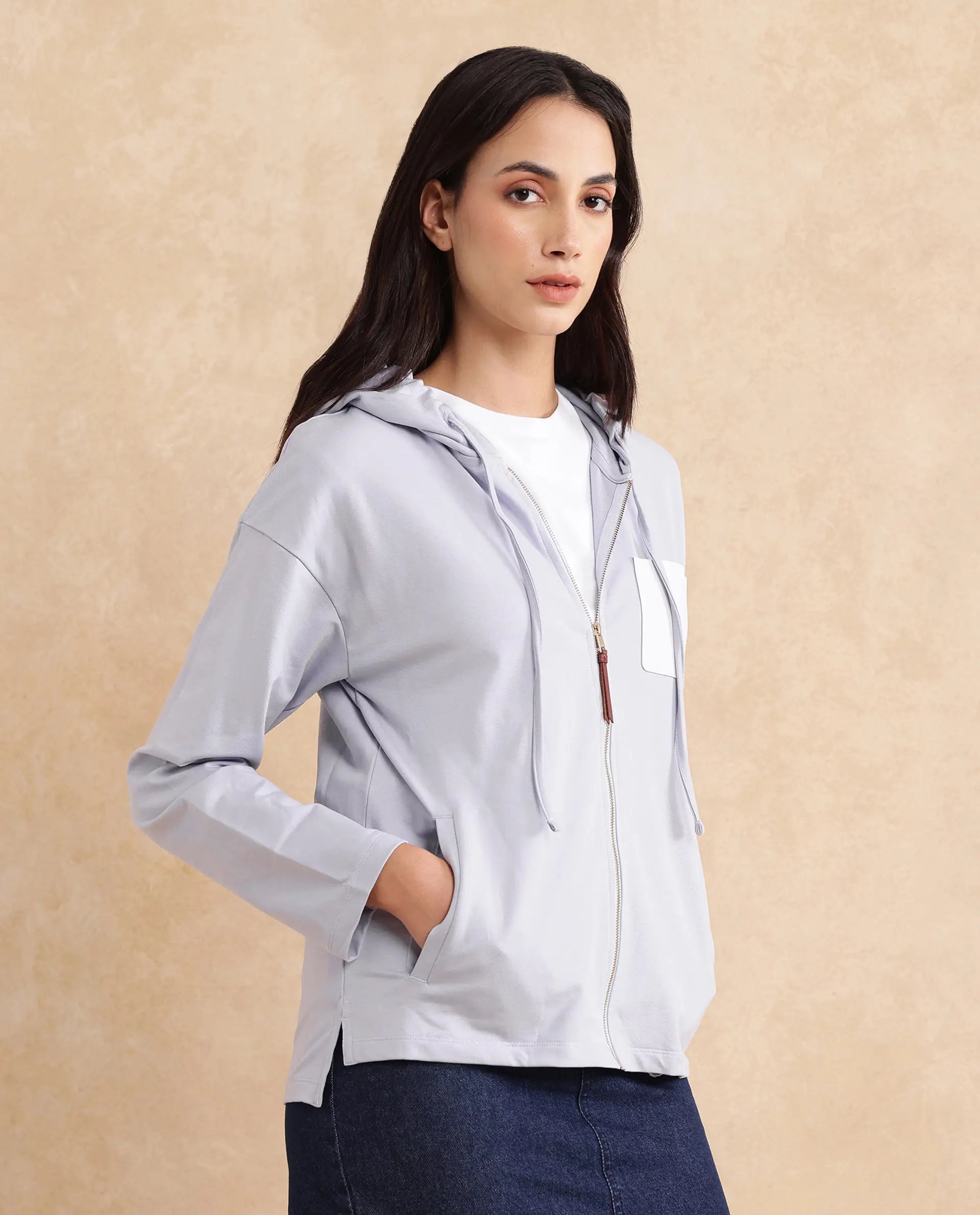 Rareism Women Leth Light Blue Cotton Blend Fabric Full Sleeve Hooded Zipper Closure Relaxed Fit Plain Sweatshirt