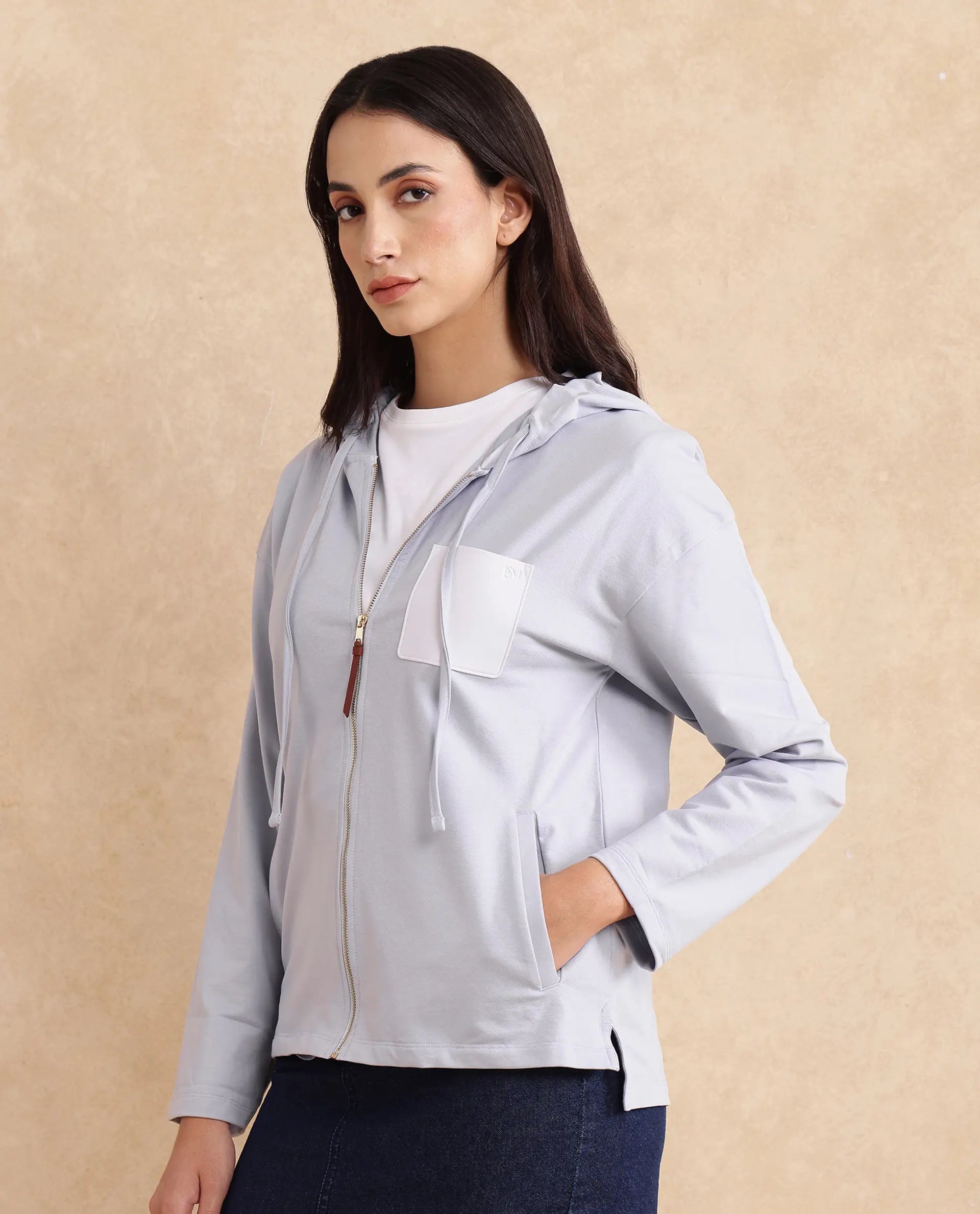 Rareism Women Leth Light Blue Cotton Blend Fabric Full Sleeve Hooded Zipper Closure Relaxed Fit Plain Sweatshirt