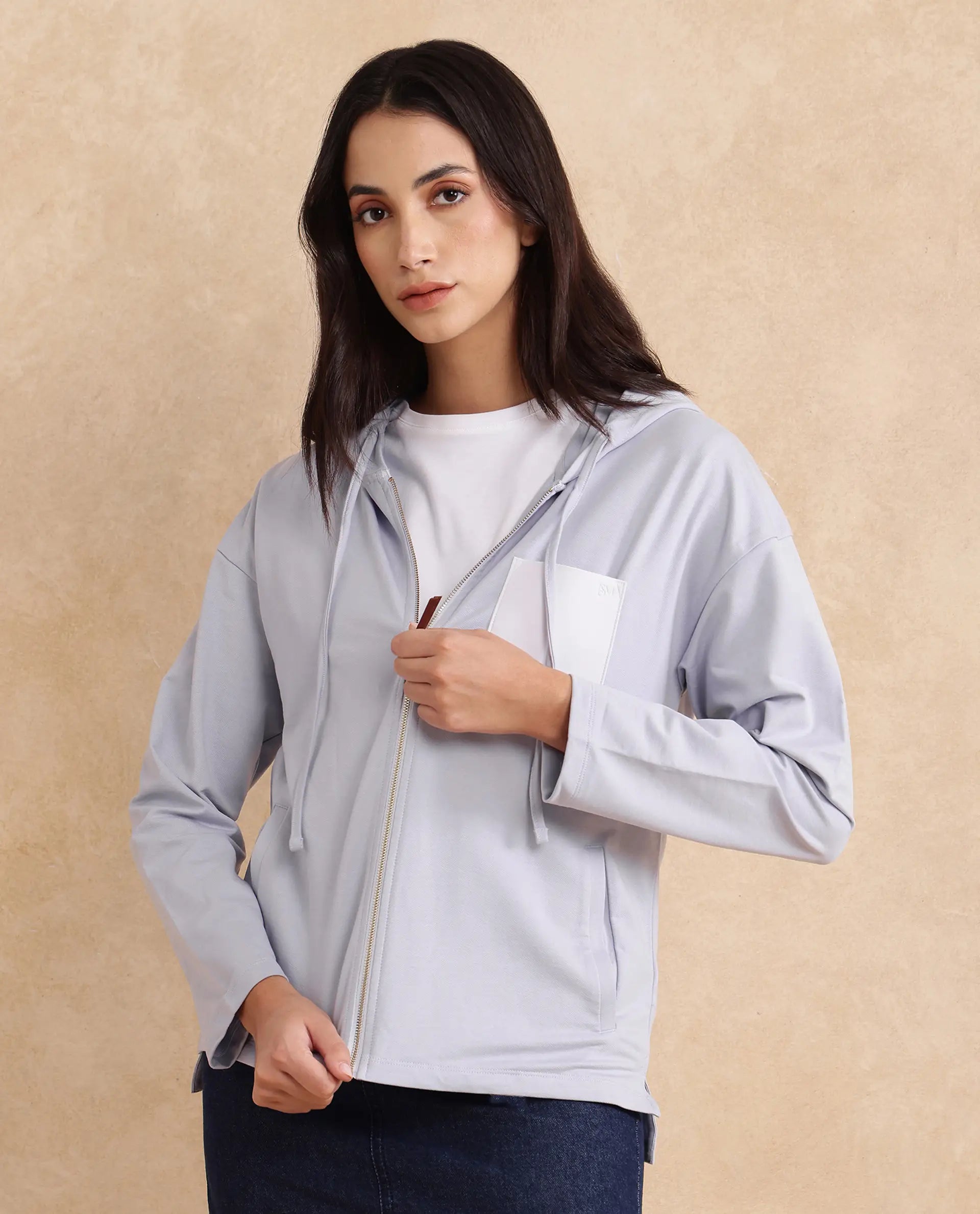 Rareism Women Leth Light Blue Cotton Blend Fabric Full Sleeve Hooded Zipper Closure Relaxed Fit Plain Sweatshirt