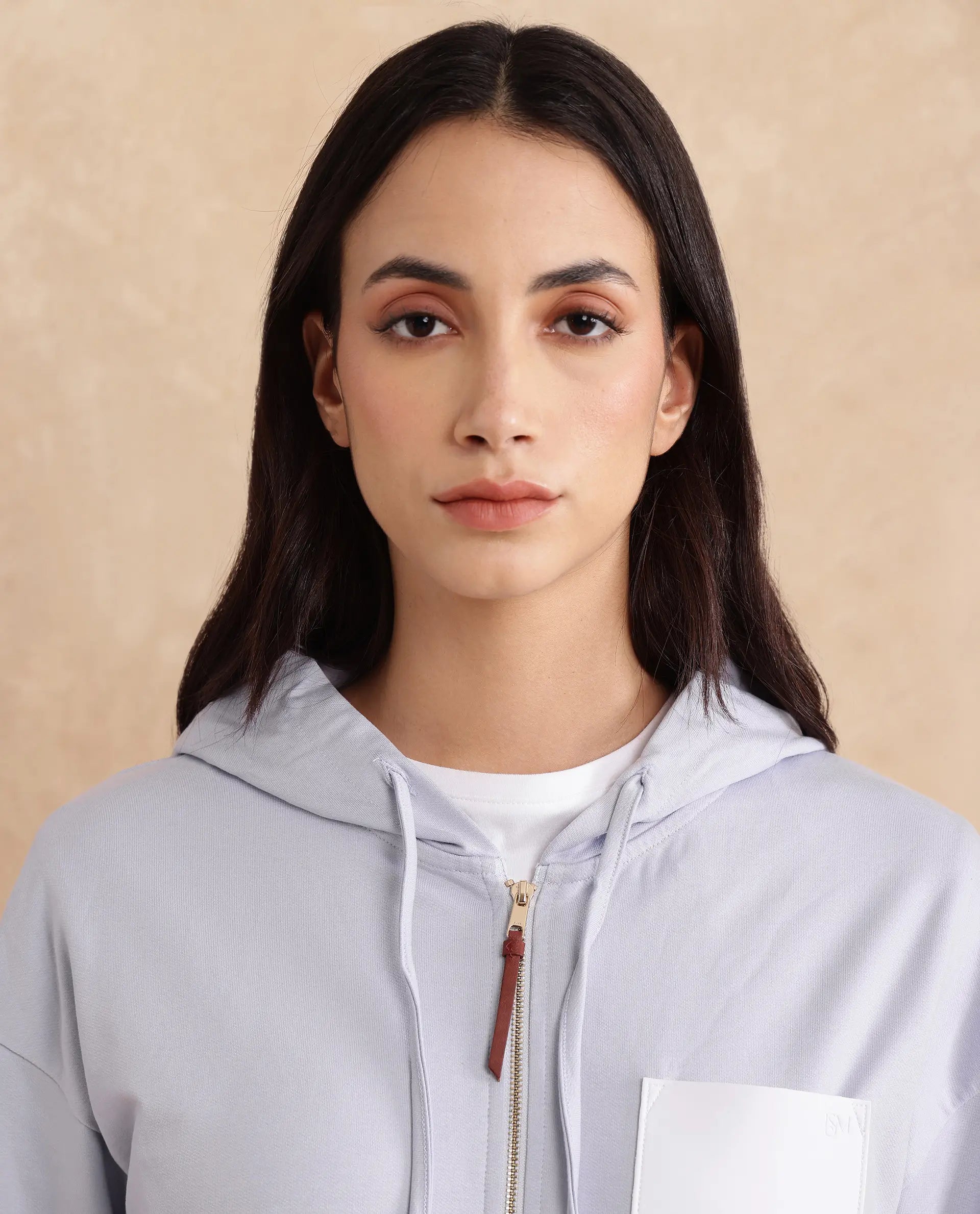 Rareism Women Leth Light Blue Cotton Blend Fabric Full Sleeve Hooded Zipper Closure Relaxed Fit Plain Sweatshirt