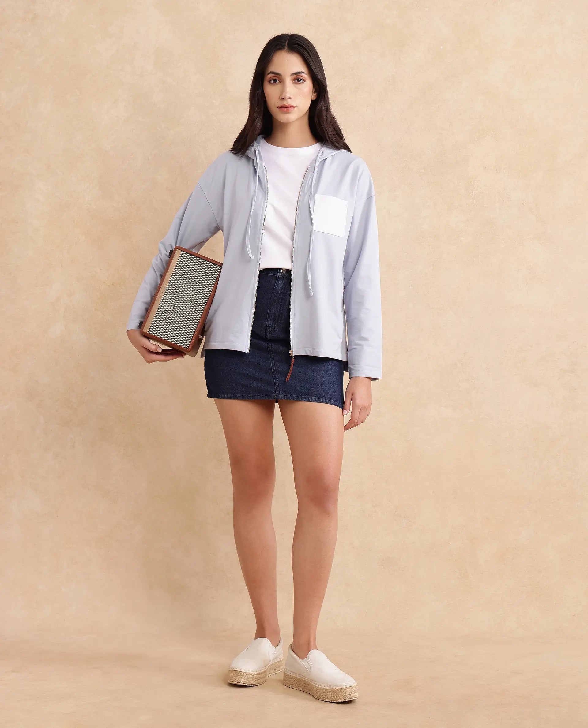 Rareism Women Leth Light Blue Cotton Blend Fabric Full Sleeve Hooded Zipper Closure Relaxed Fit Plain Sweatshirt