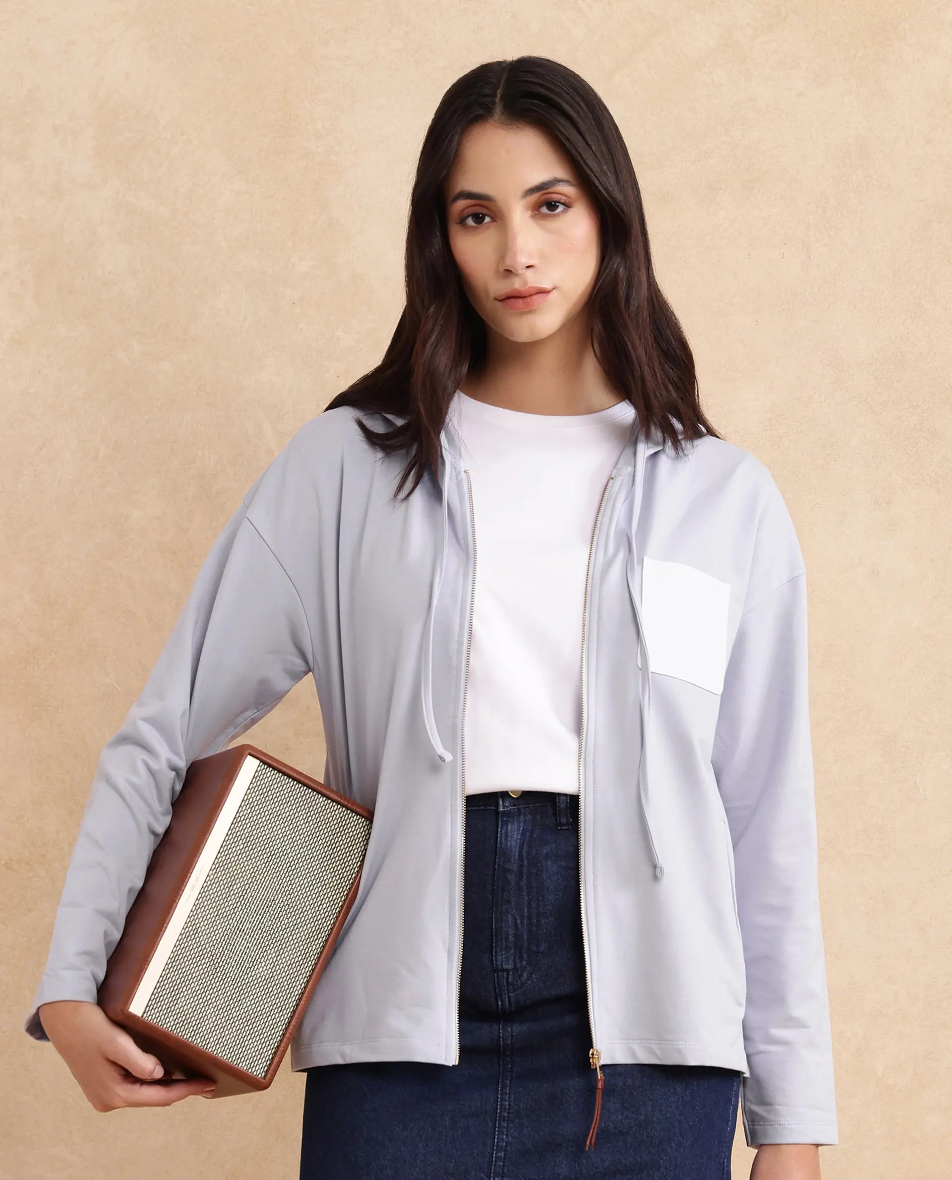 Rareism Women Leth Light Blue Cotton Blend Fabric Full Sleeve Hooded Zipper Closure Relaxed Fit Plain Sweatshirt