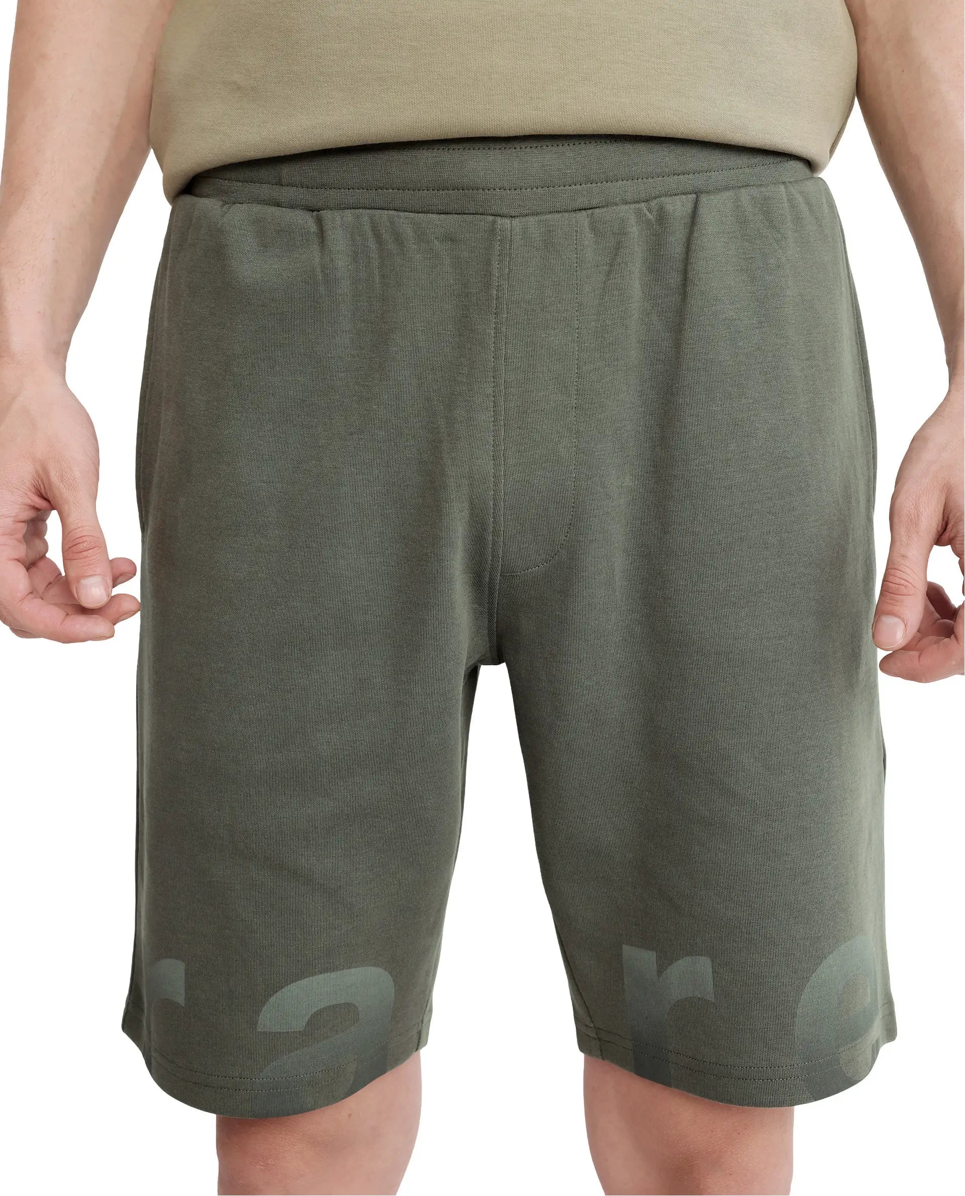 Rare Rabbit Men's Lets Dusky Green Cotton Drawstring Closure Typography Print Shorts