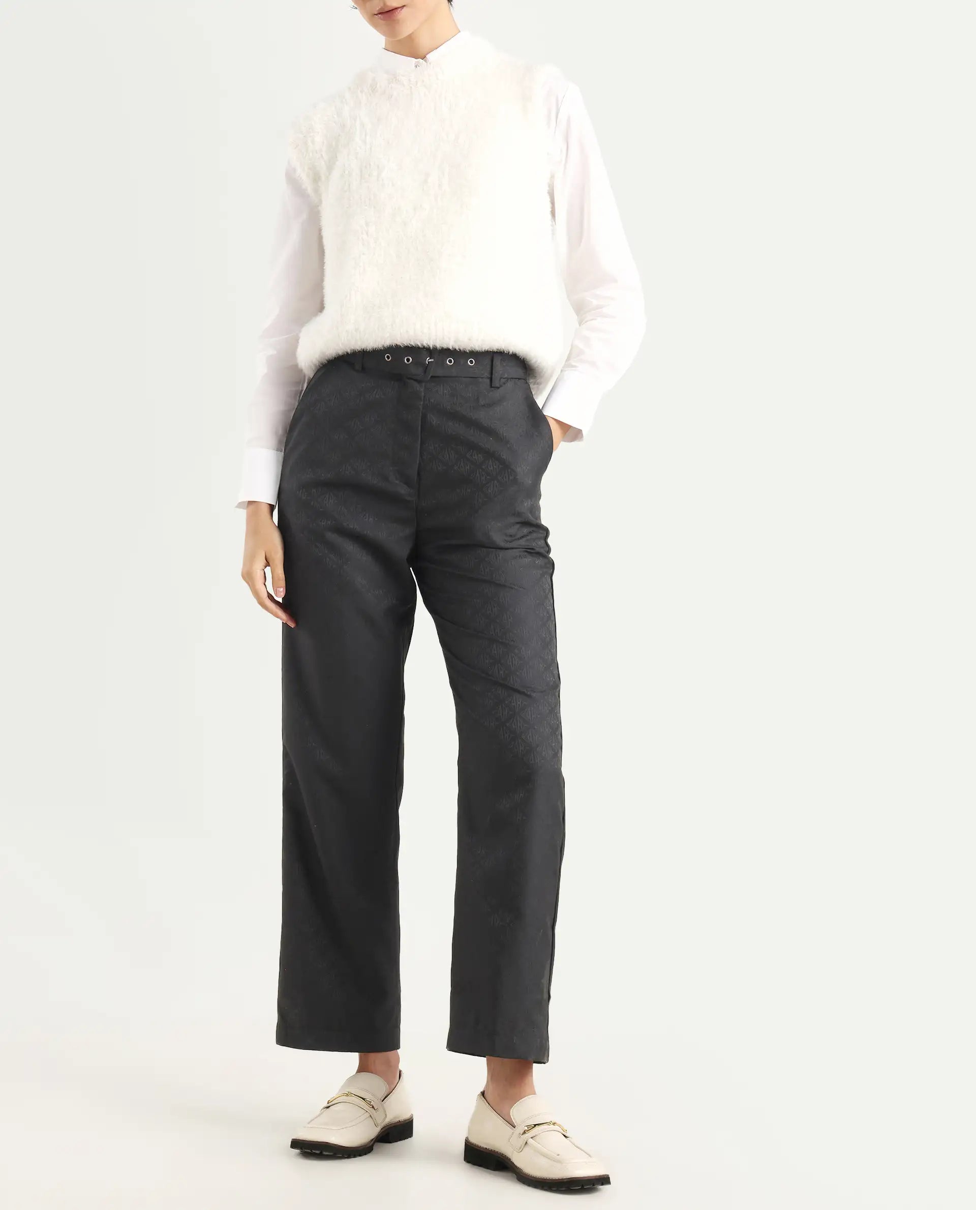 Rareism Women's Levels Black Polyester Plain Ankle Length Tapered Trouser