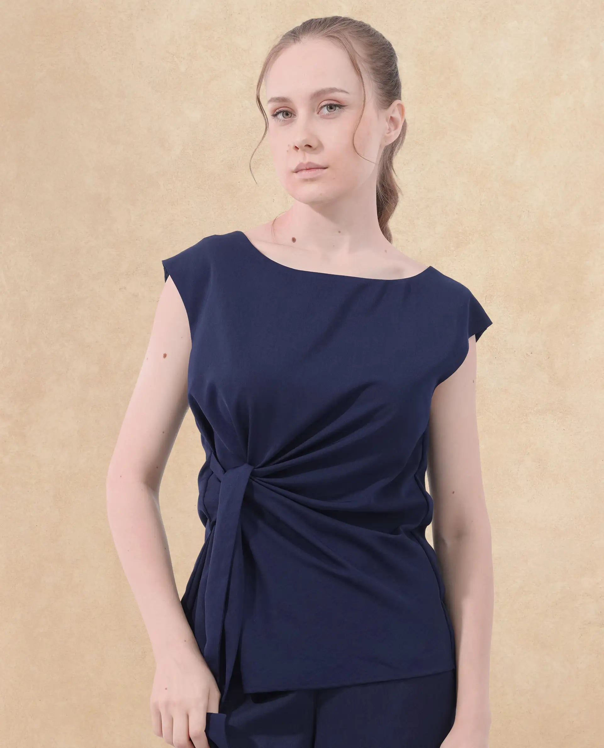 Rareism Women Leville-T Dark Blue Polyester Fabric Cap Sleeve Boat Neck Solid Short Top