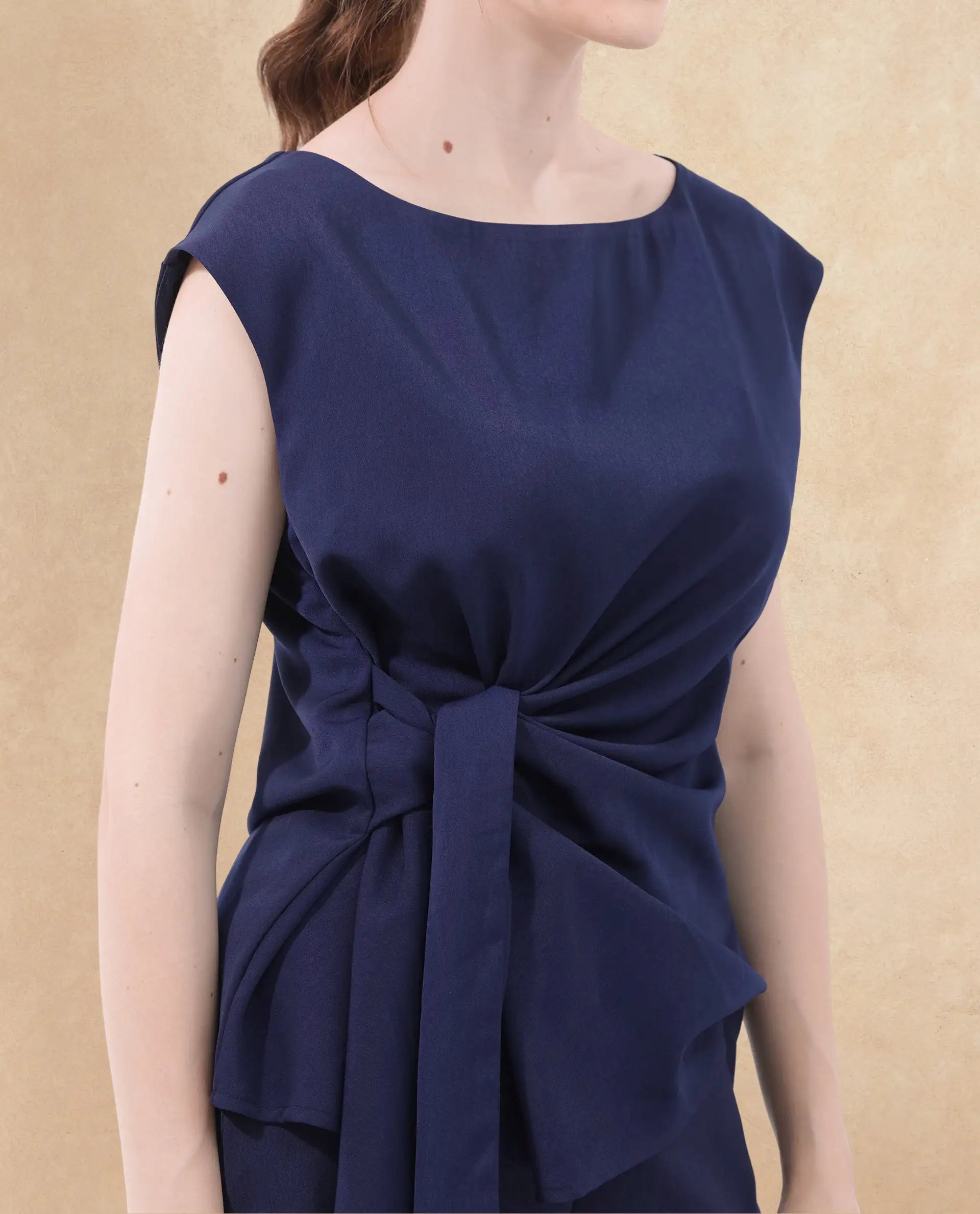 Rareism Women Leville-T Dark Blue Polyester Fabric Cap Sleeve Boat Neck Solid Short Top