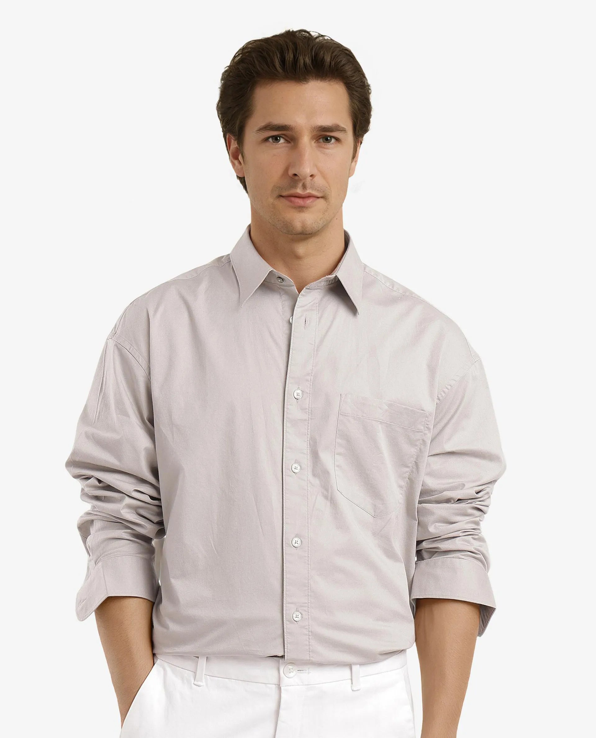 Rare Rabbit Men Lewi Light Grey Cotton Lycra Fabric Full Sleeve Regular Collar Boxy Fit Plain Shirt