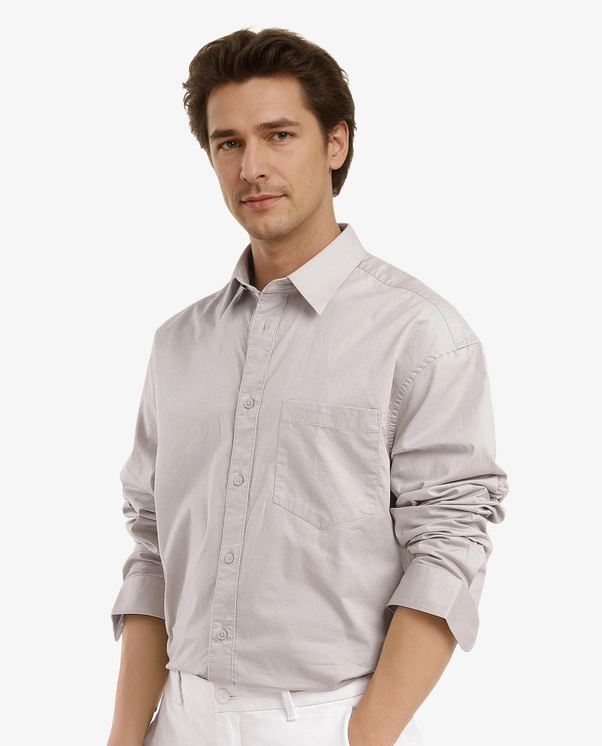 Rare Rabbit Men Lewi Light Grey Cotton Lycra Fabric Full Sleeve Regular Collar Boxy Fit Plain Shirt