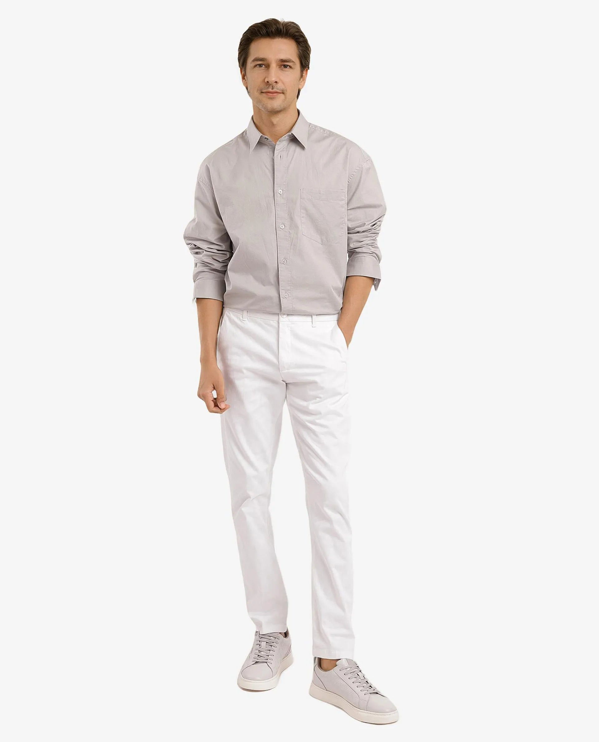 Rare Rabbit Men Lewi Light Grey Cotton Lycra Fabric Full Sleeve Regular Collar Boxy Fit Plain Shirt