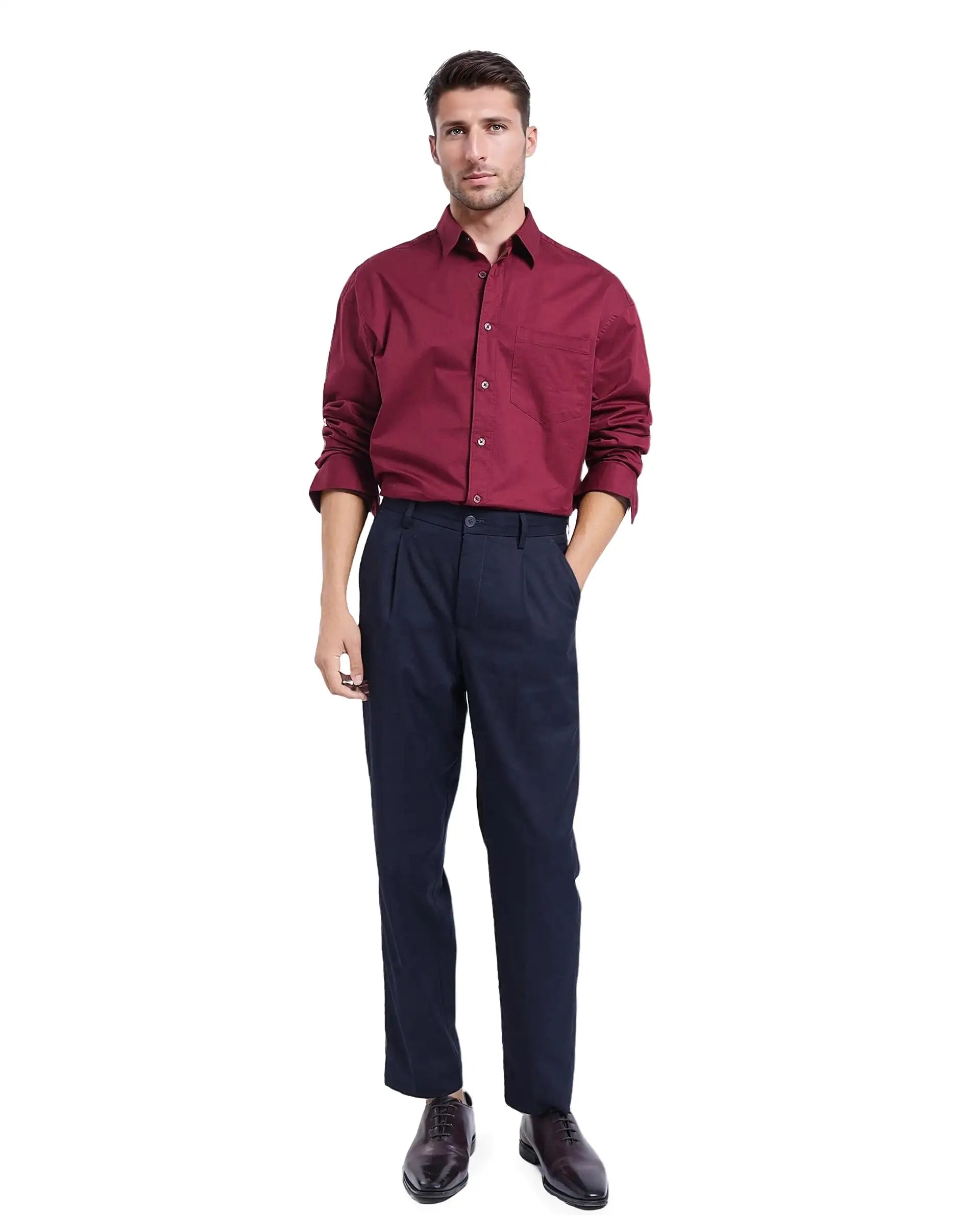 Rare Rabbit Men Lewi Maroon Full Sleeve Collared Neck Boxy Fit Plain Shirt