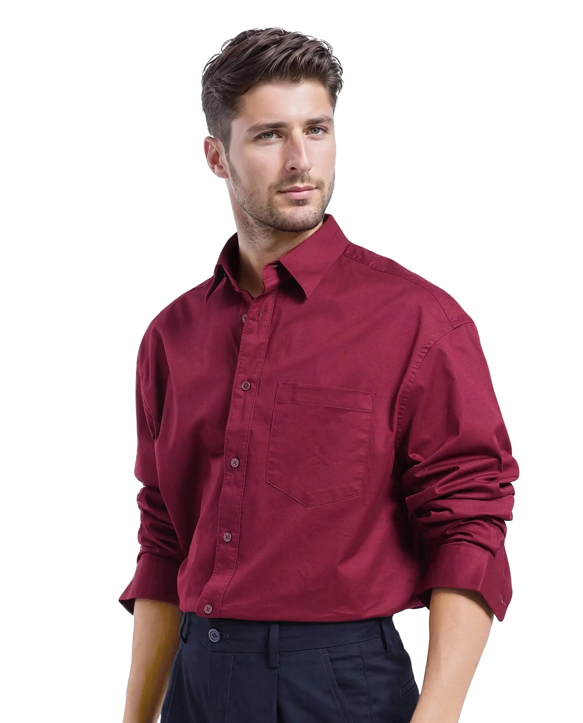 Rare Rabbit Men Lewi Maroon Full Sleeve Collared Neck Boxy Fit Plain Shirt