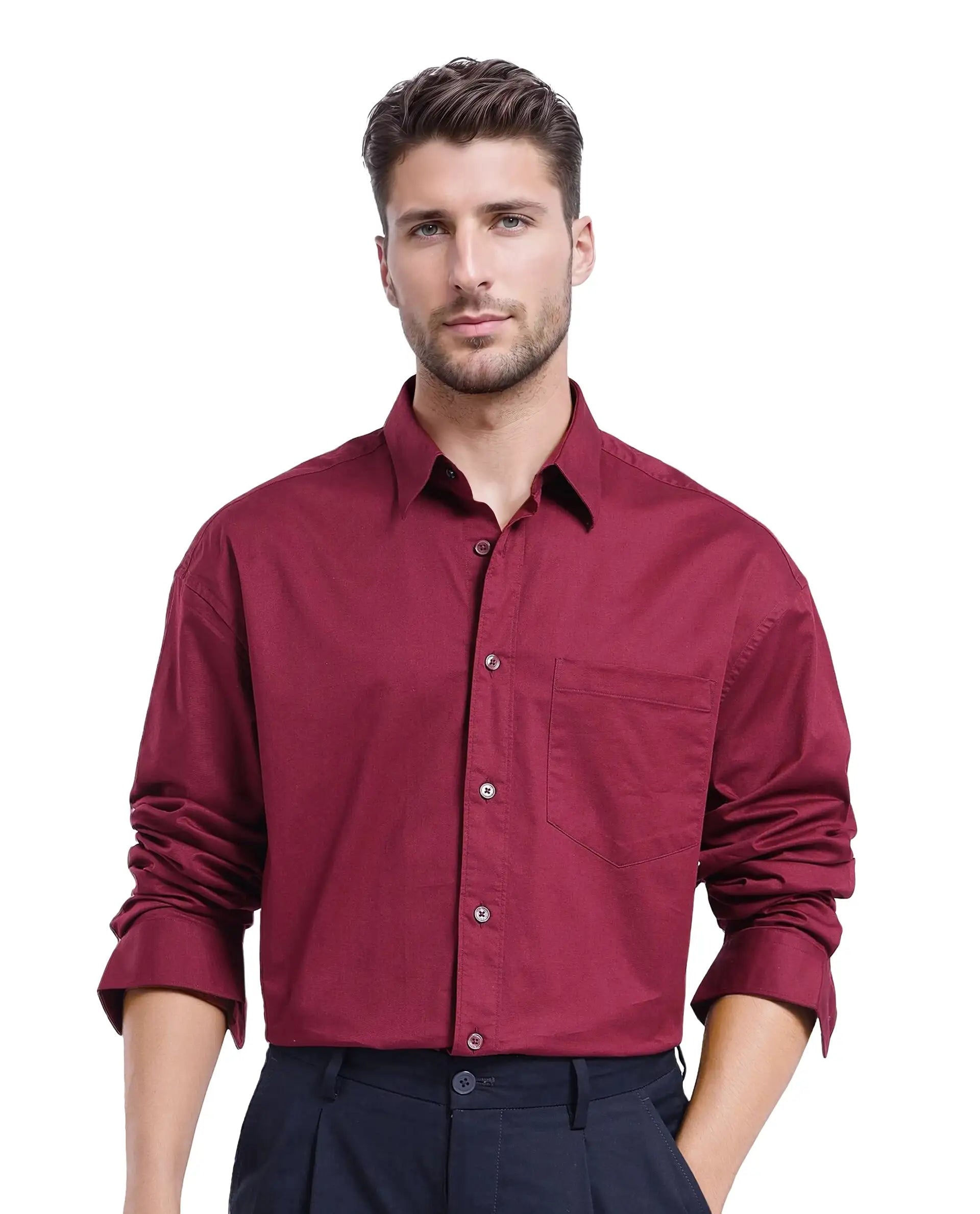 Rare Rabbit Men Lewi Maroon Full Sleeve Collared Neck Boxy Fit Plain Shirt