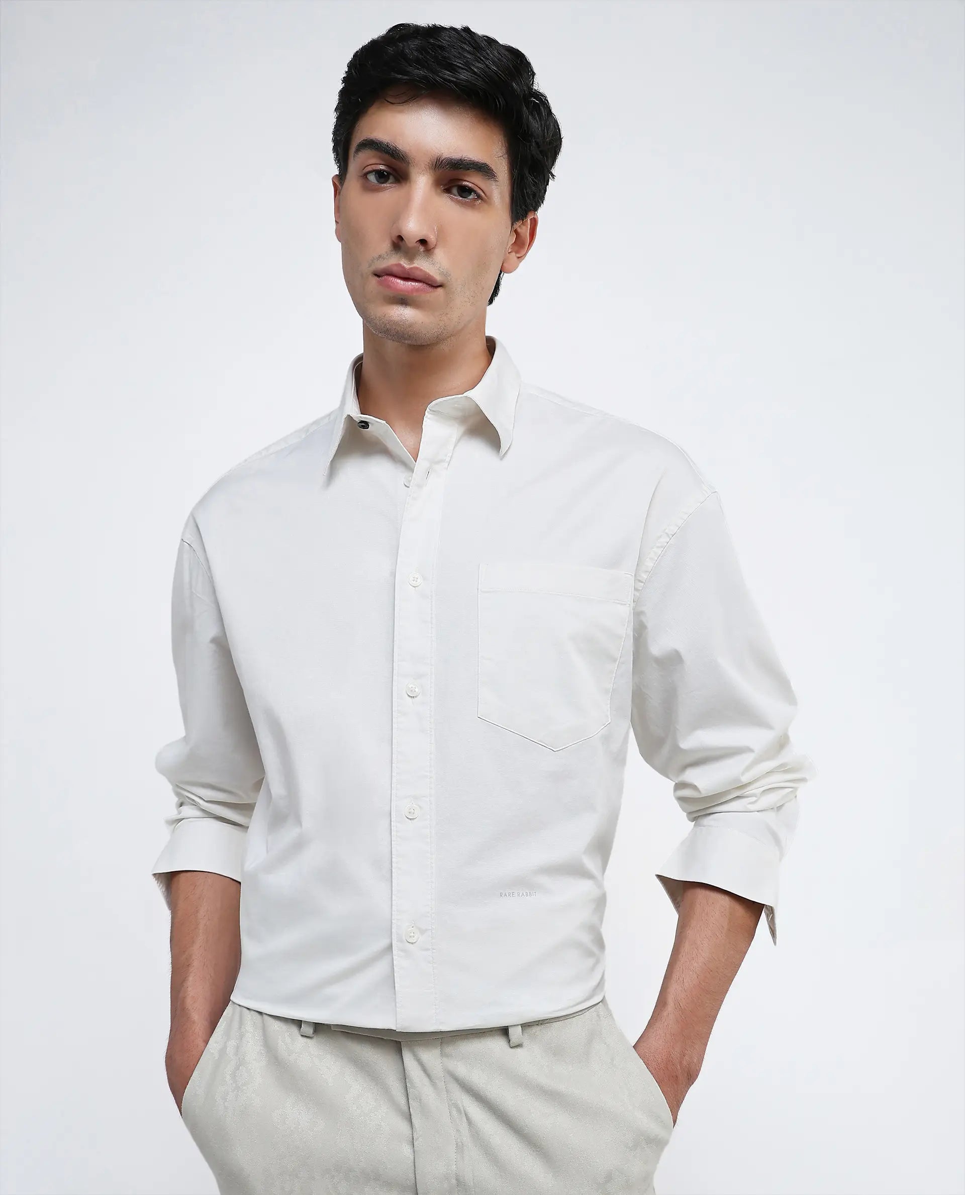 Rare Rabbit Men Lewi Off White Cotton Lycra Fabric Full Sleeve Regular Collar Boxy Fit Plain Shirt