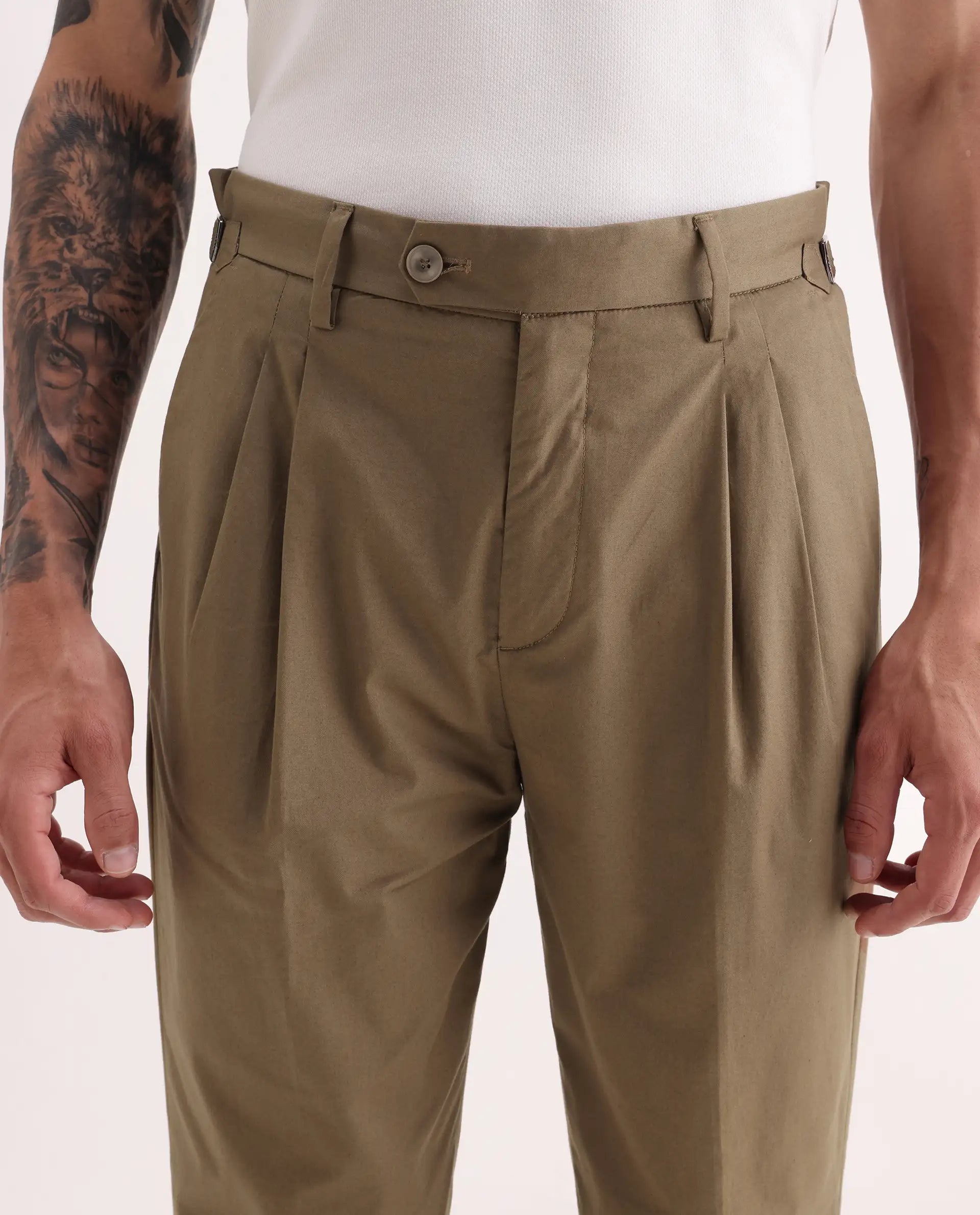 Rare Rabbit Men's Lewit Khaki Cotton Plain Regular Fit Trouser